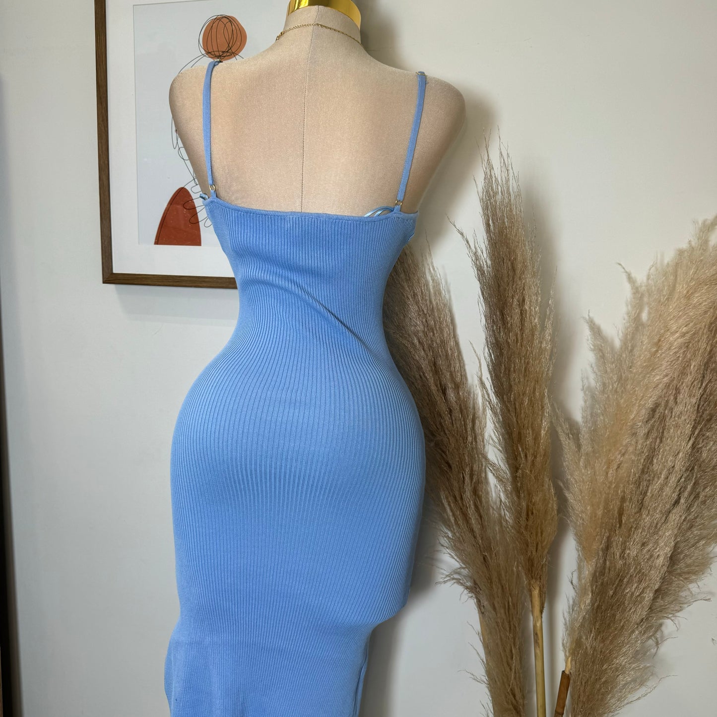 Cielito Open Slit Ribbed Midi Dress-Blue