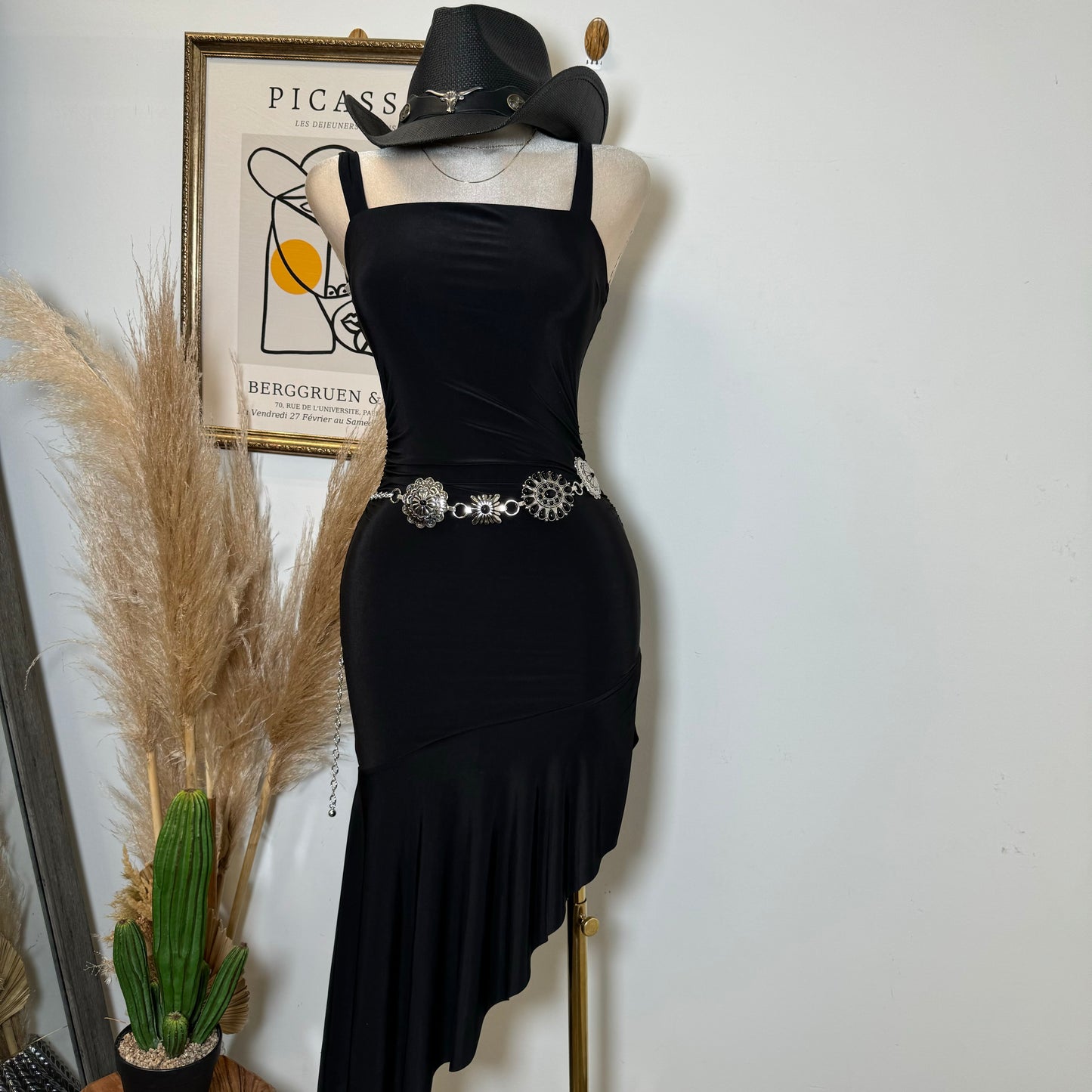 Silky Ruffle Open Slit Dress-Black