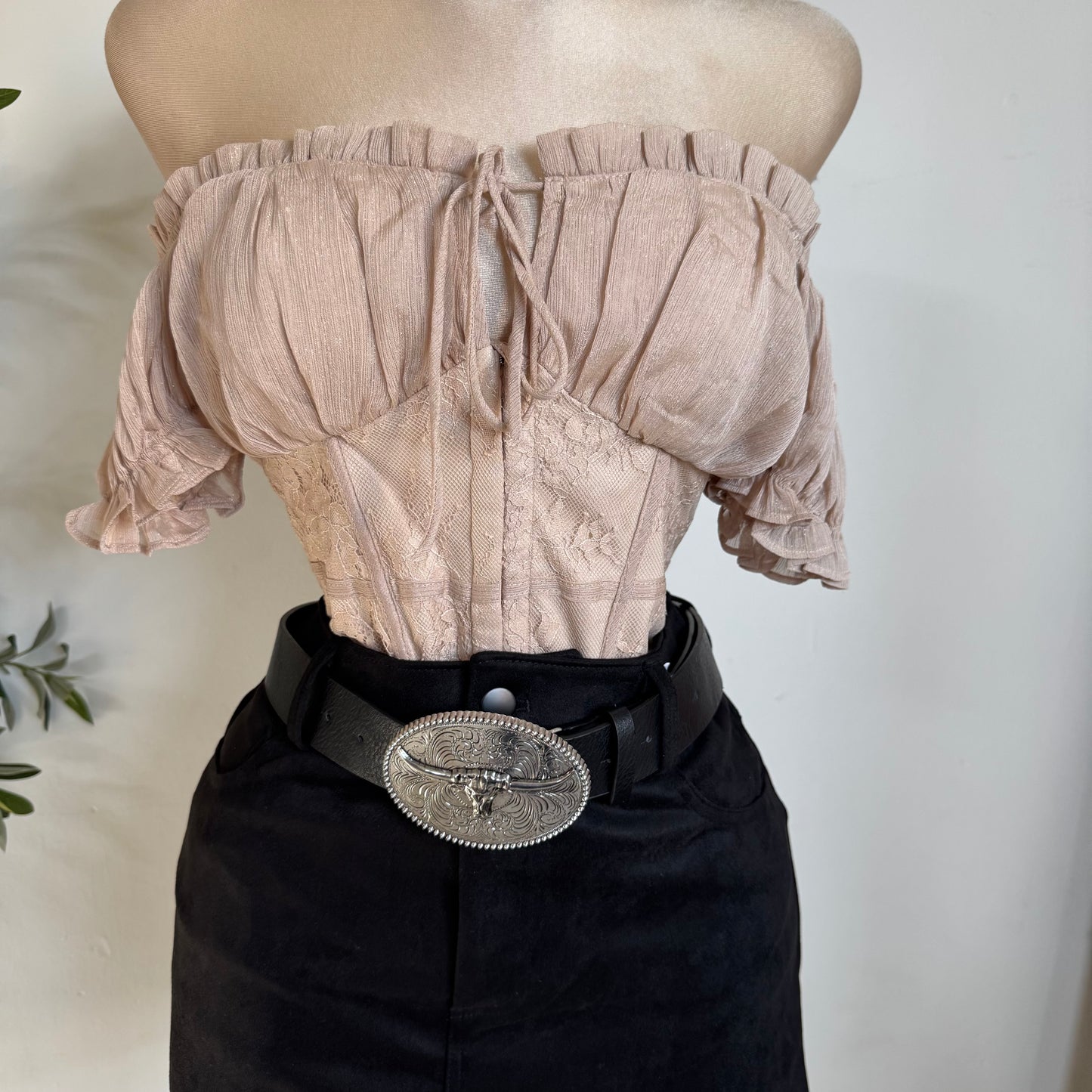 Shiny Ciffon With Lace Off Shoulder Top-Taupe