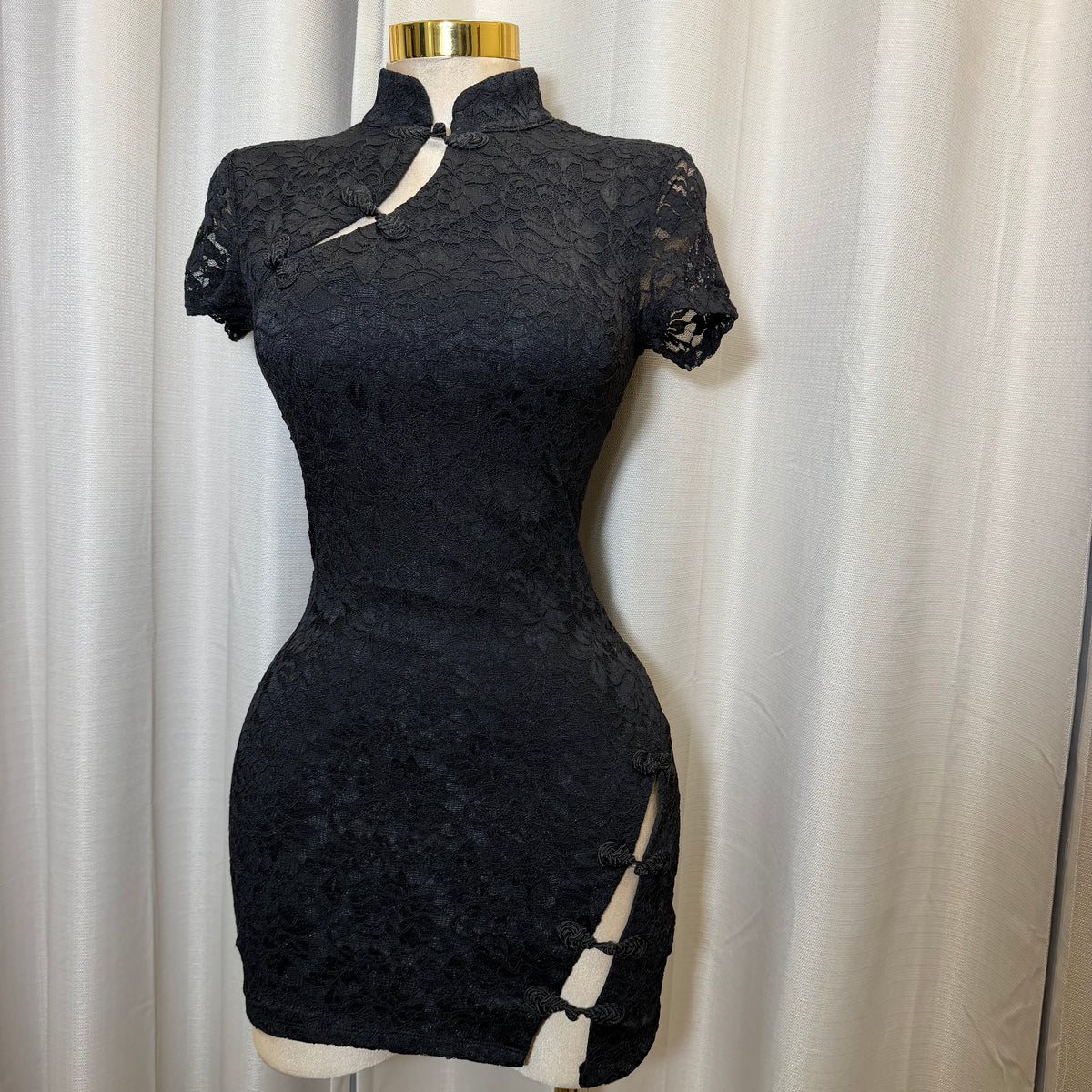 Black Lace Korean Mini Dress-Black