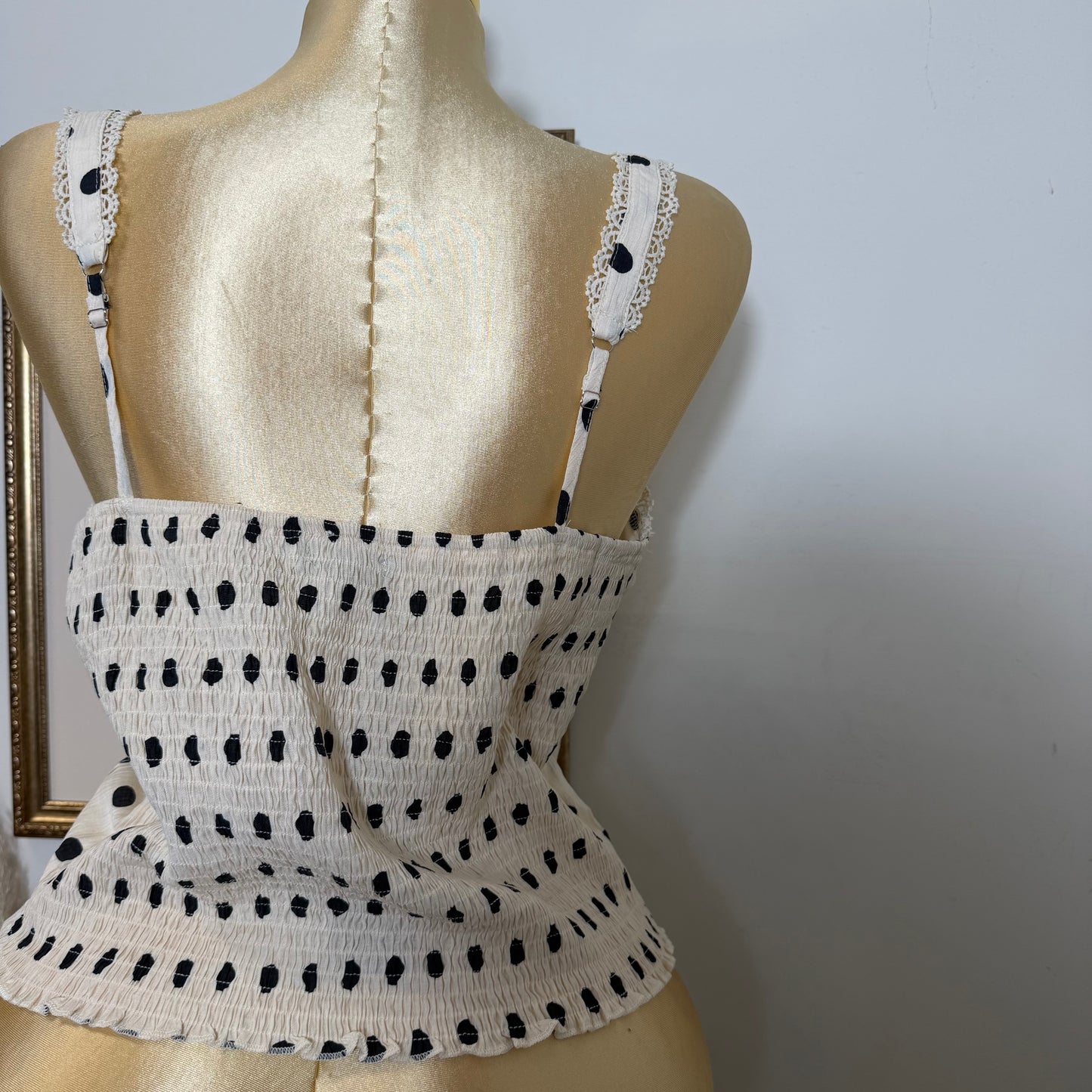 PL-Polka Dot Corset Tank Top with Smocked back- Beige/Black