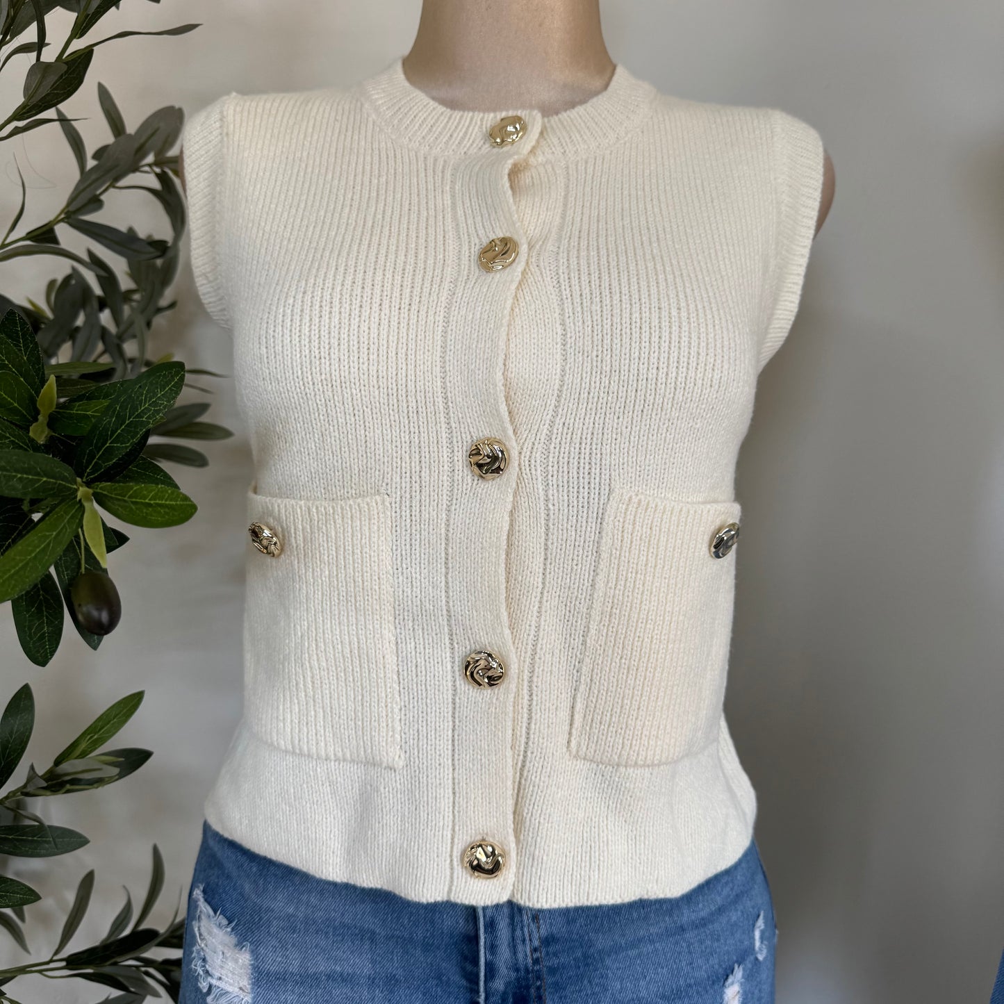 Sleeveless Knit Sweater Vest -Ivory