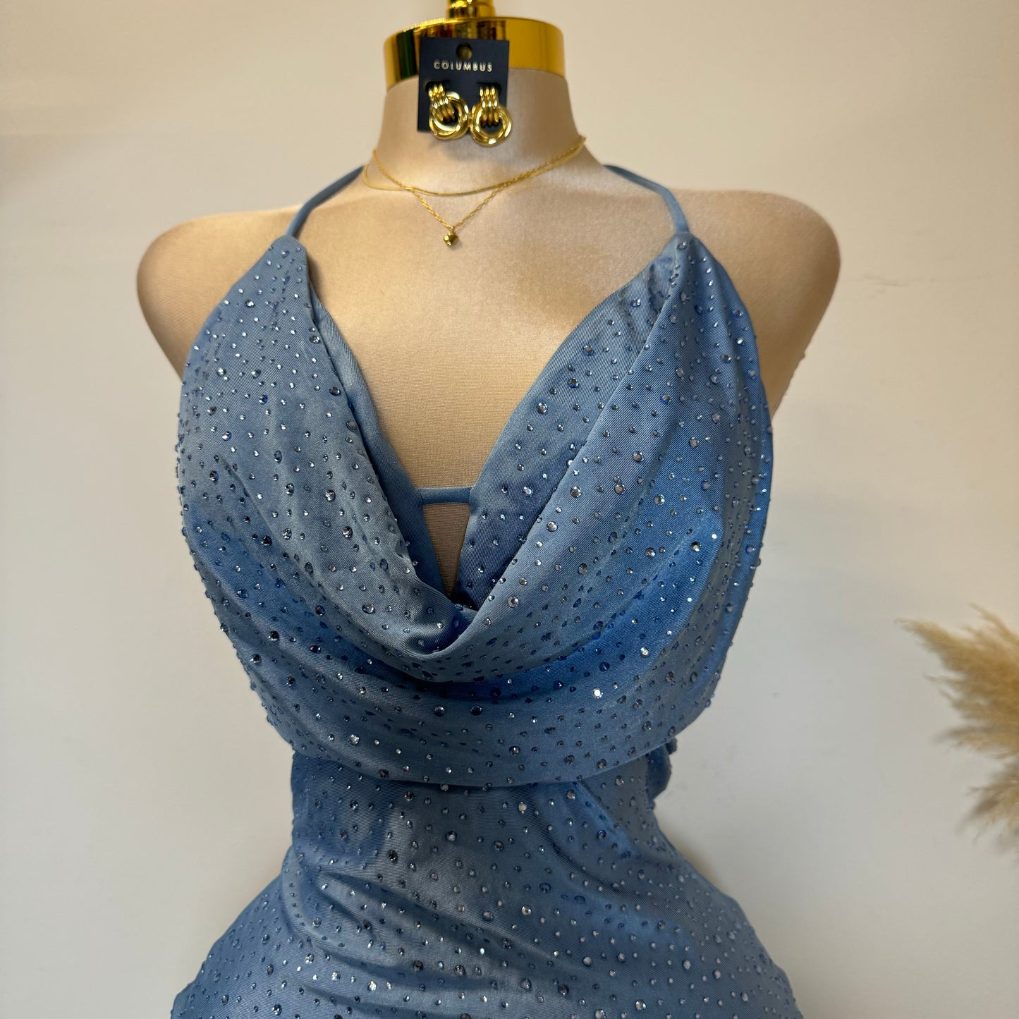 Cowl Rhinestone Dress-Baby Blue