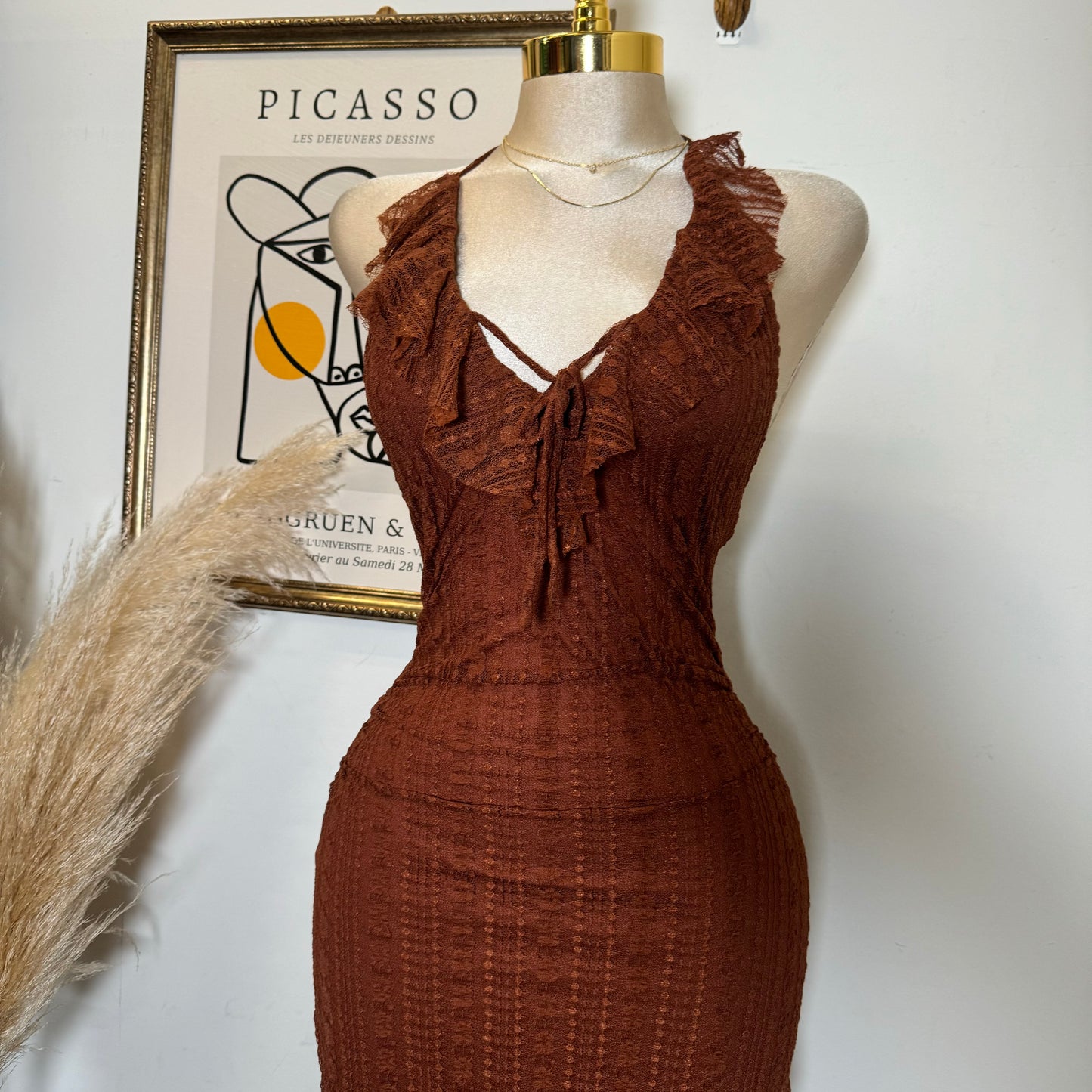 Lace Open Slit Halter Dress-Rust