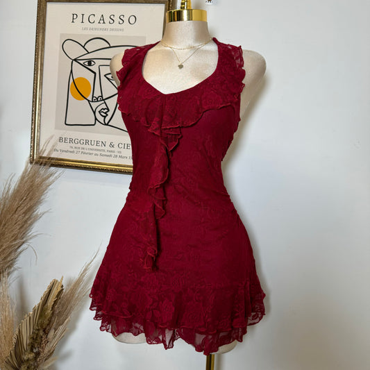 Amy Lace Halter Dress-Burgundy