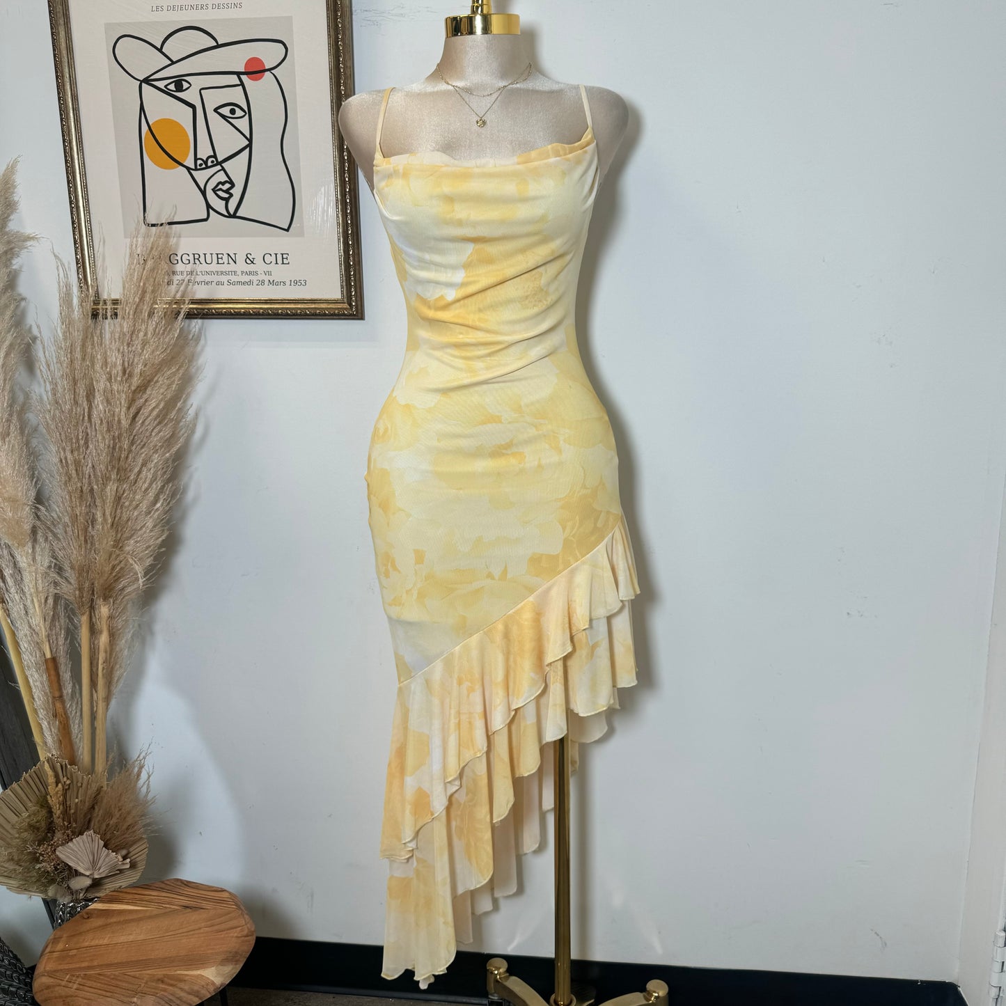 Solecito Open Slit Dress-Yellow