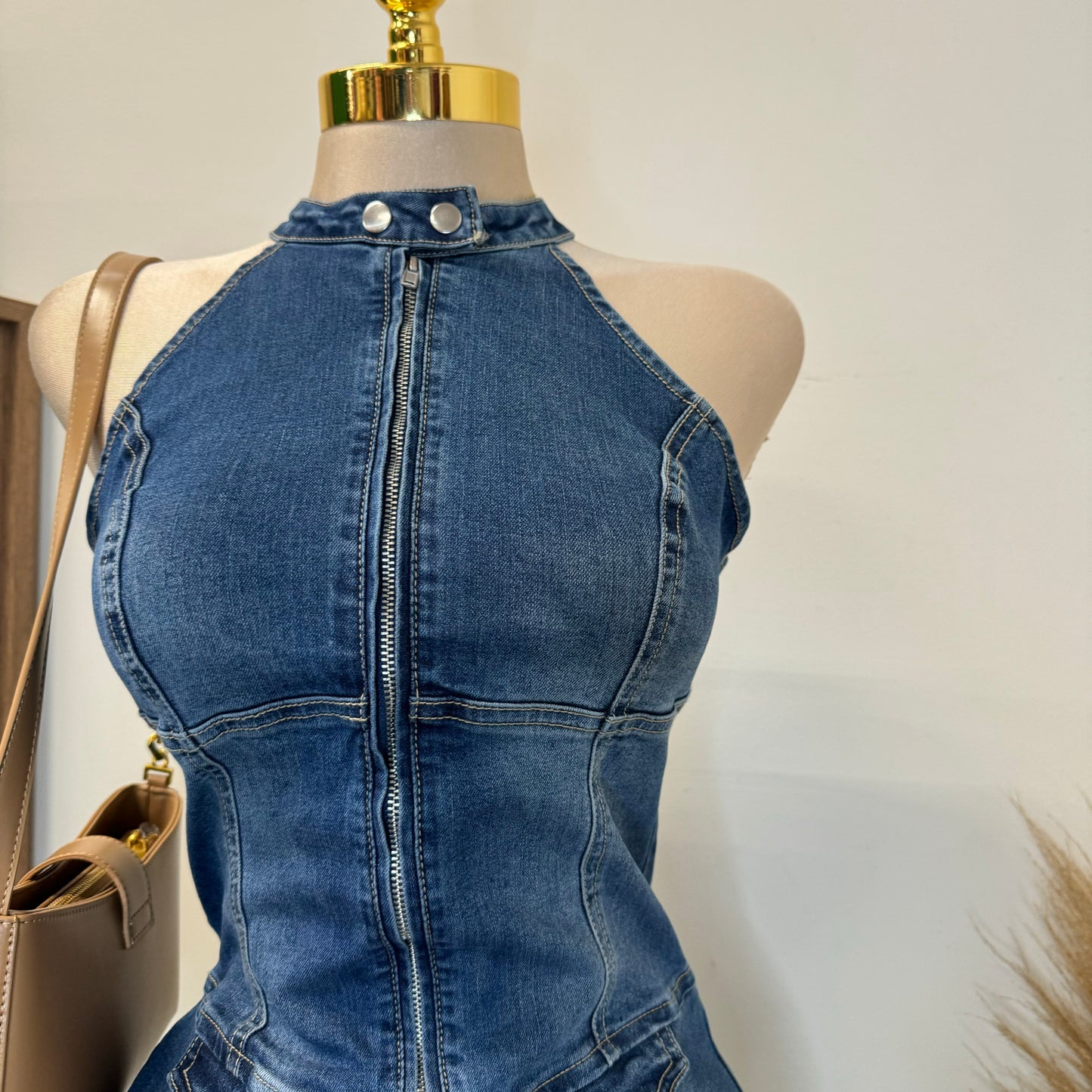 Denim Halter Romper-Dk Blue