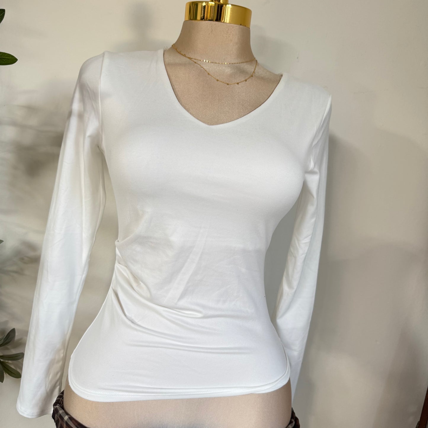 Ruched V-Neck Long Sleeve Double Layered Top-White