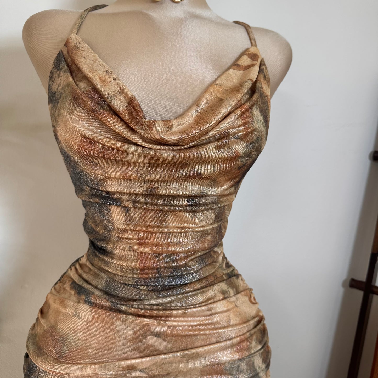 Deep Plunge Halter Neck Ruched A-Line Midi Dress-Brown Gold Multi
