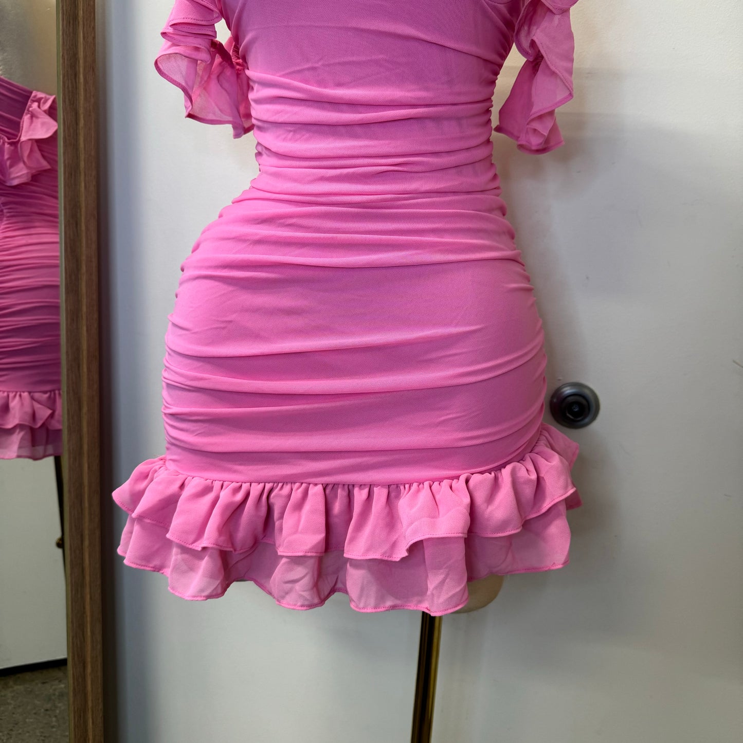 Annalise  Off Shoulder Mesh Asymmetrical Ruffle Hem Dress-Pink