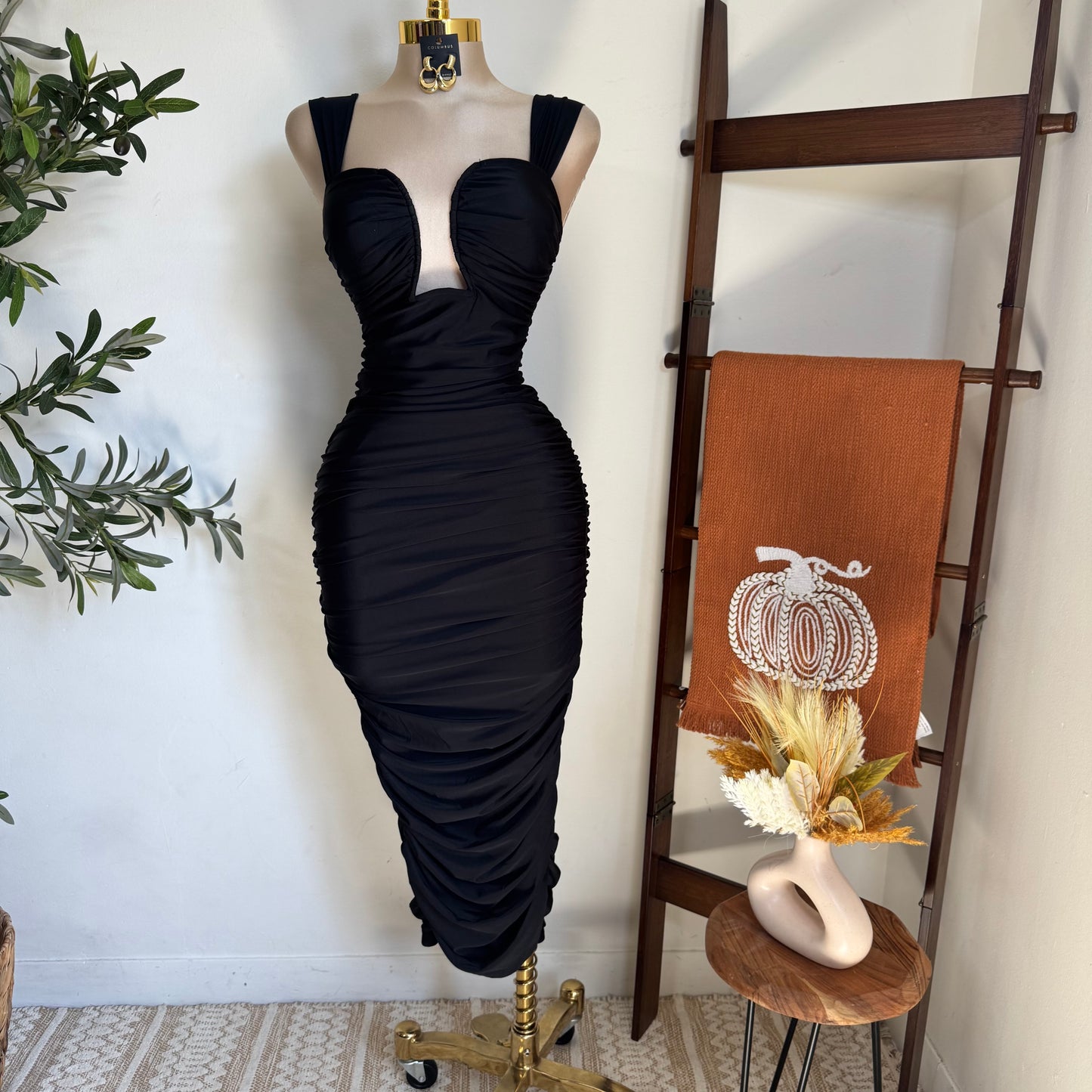 Ruched Midi Dress-Black