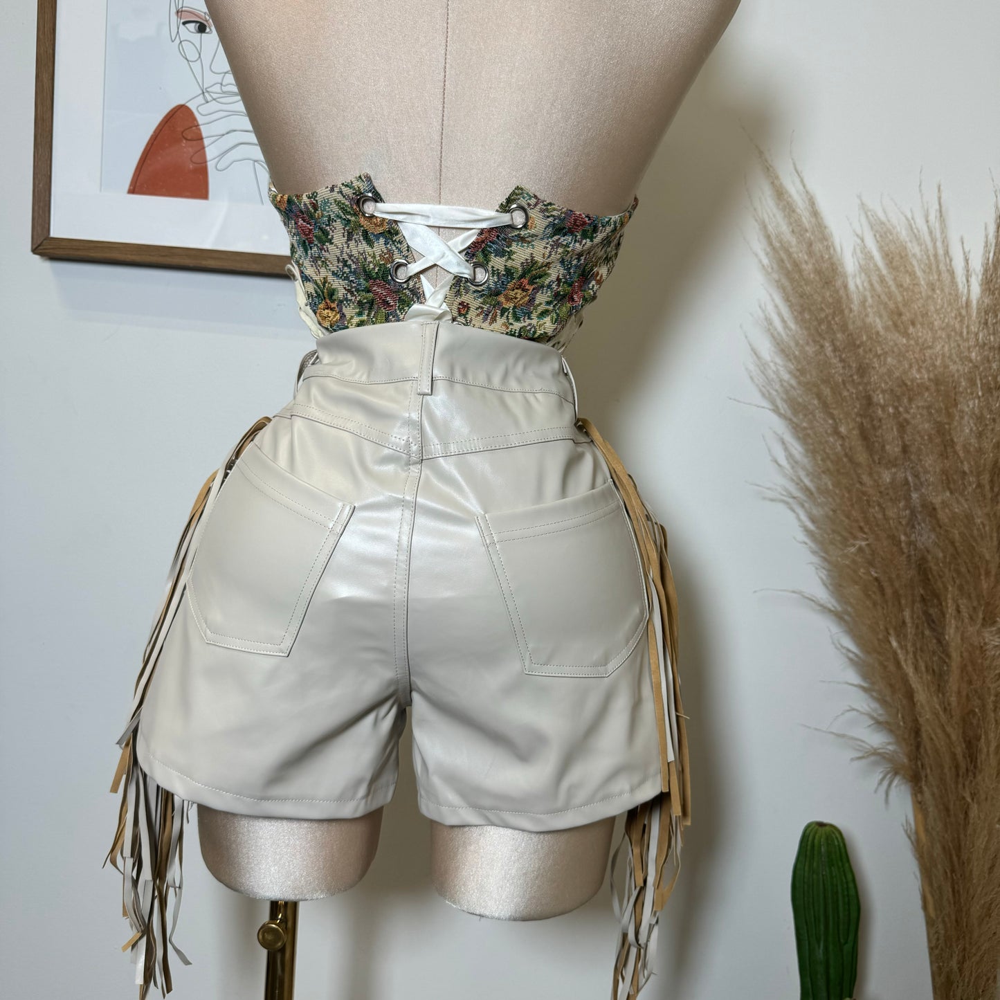 Leather Fringe Shorts-Natural