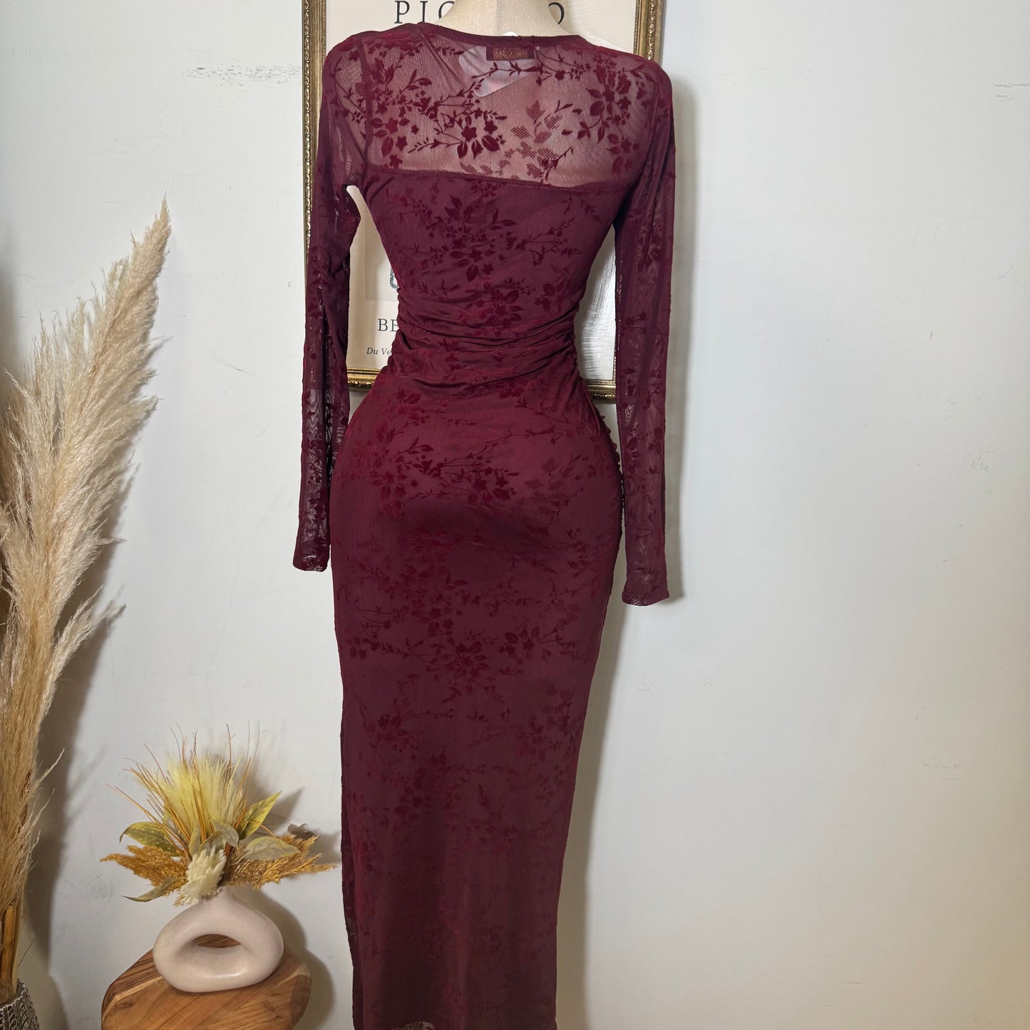 Long Sleeve Flocked Mesh Ruched Maxi Dress-Burgundy