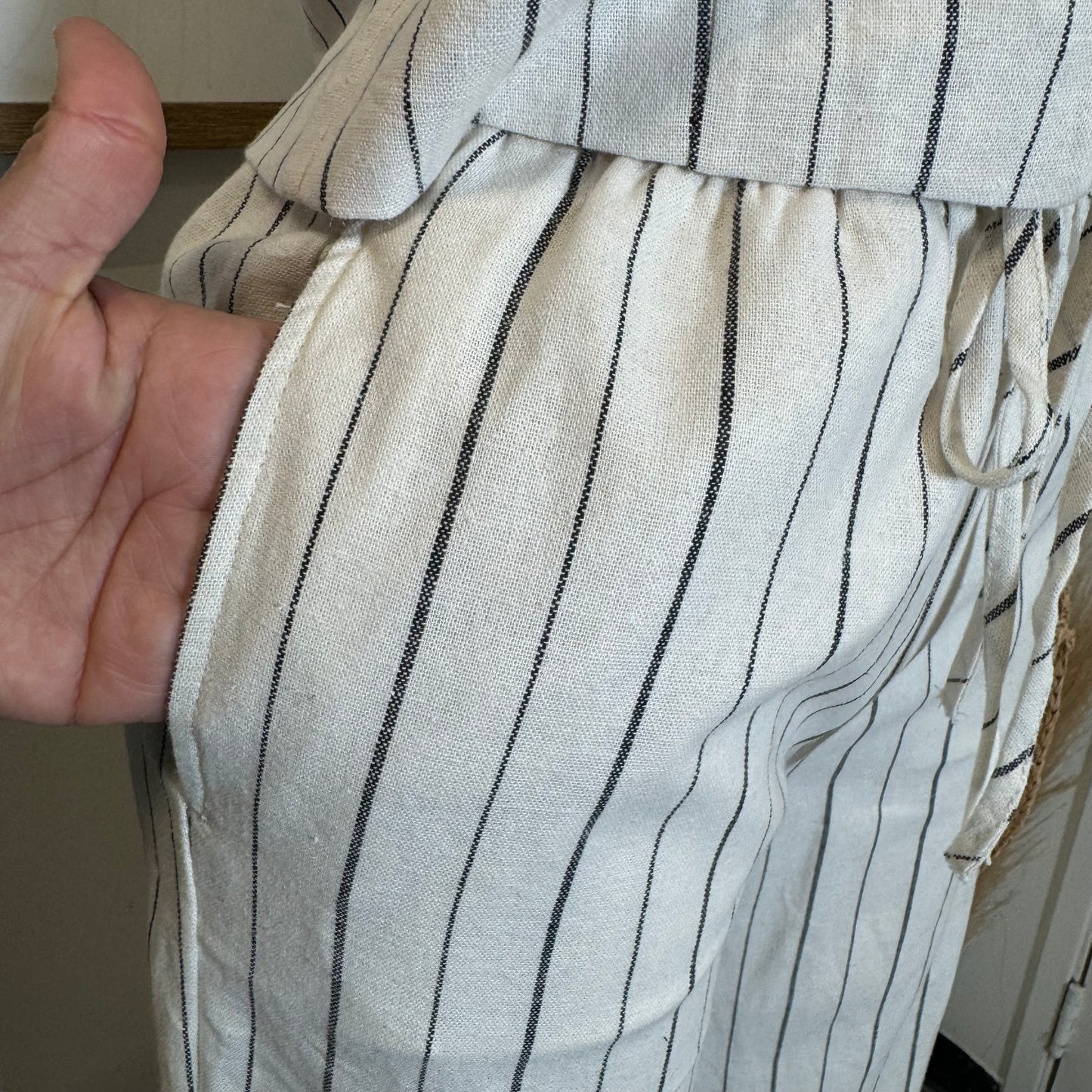 Knot Linen Pant Set-White and Black Stripes