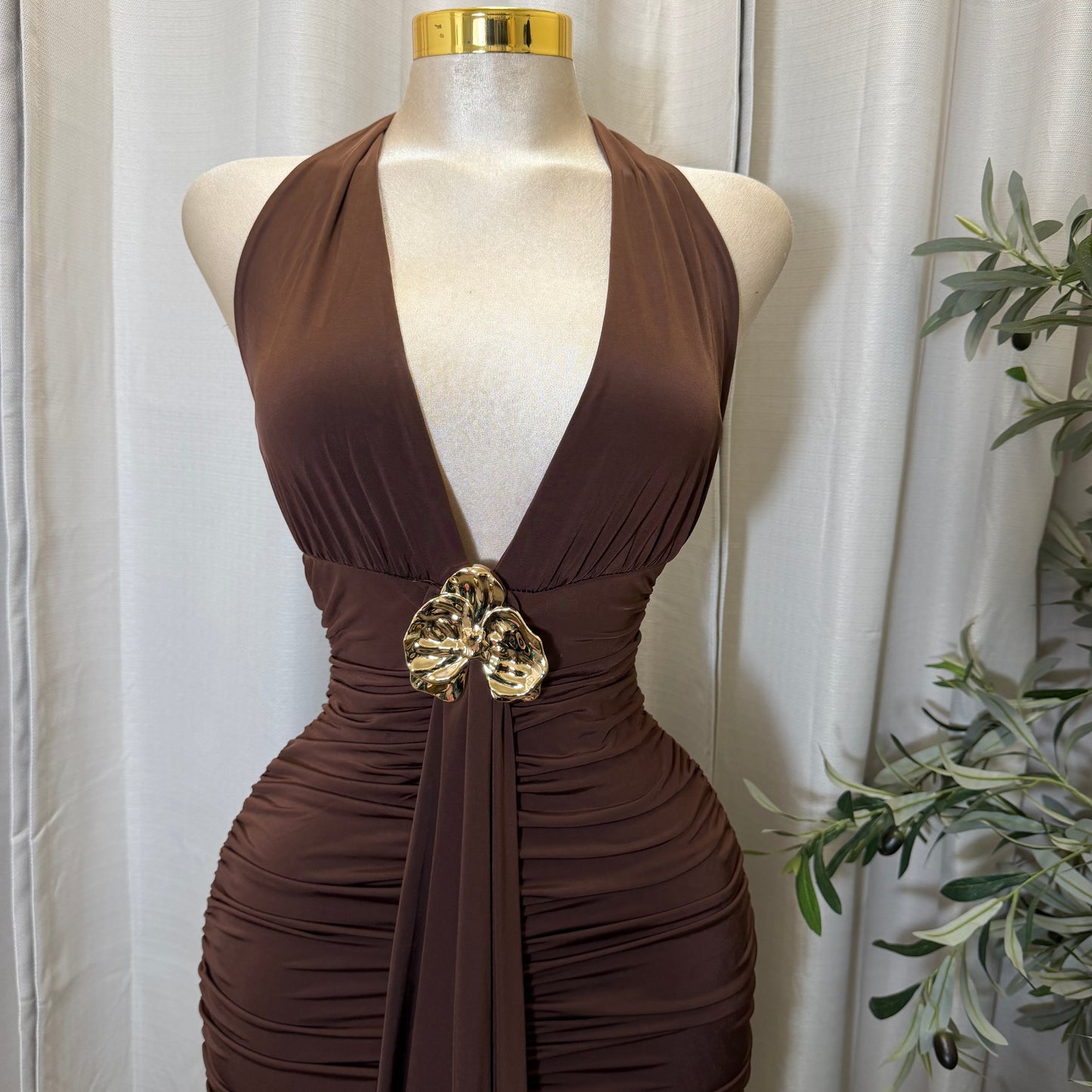 Orchid Halter Ruched front panel Mini Dress-Brown