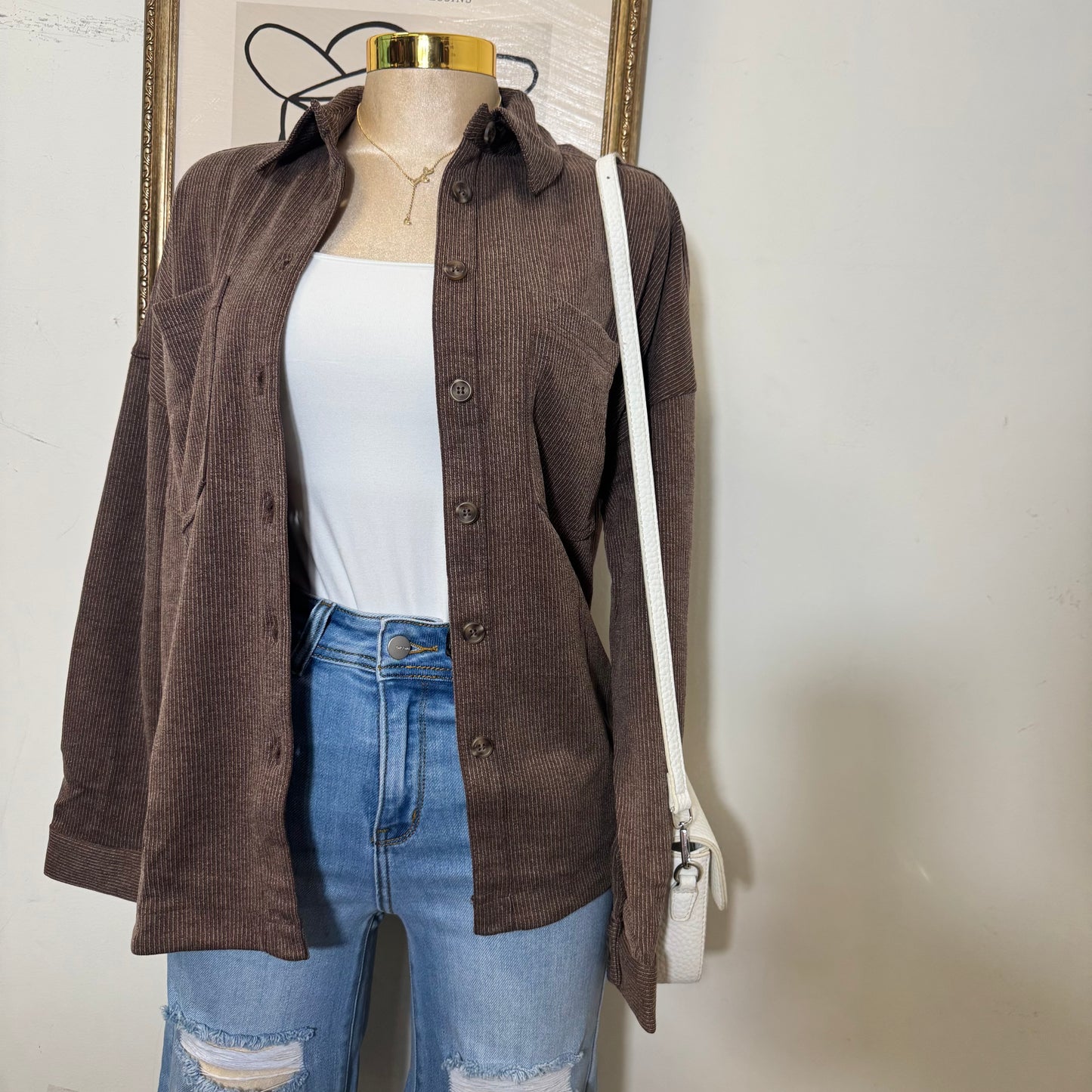 Oversized Pinstripe Collared Button Down Shacket-brown