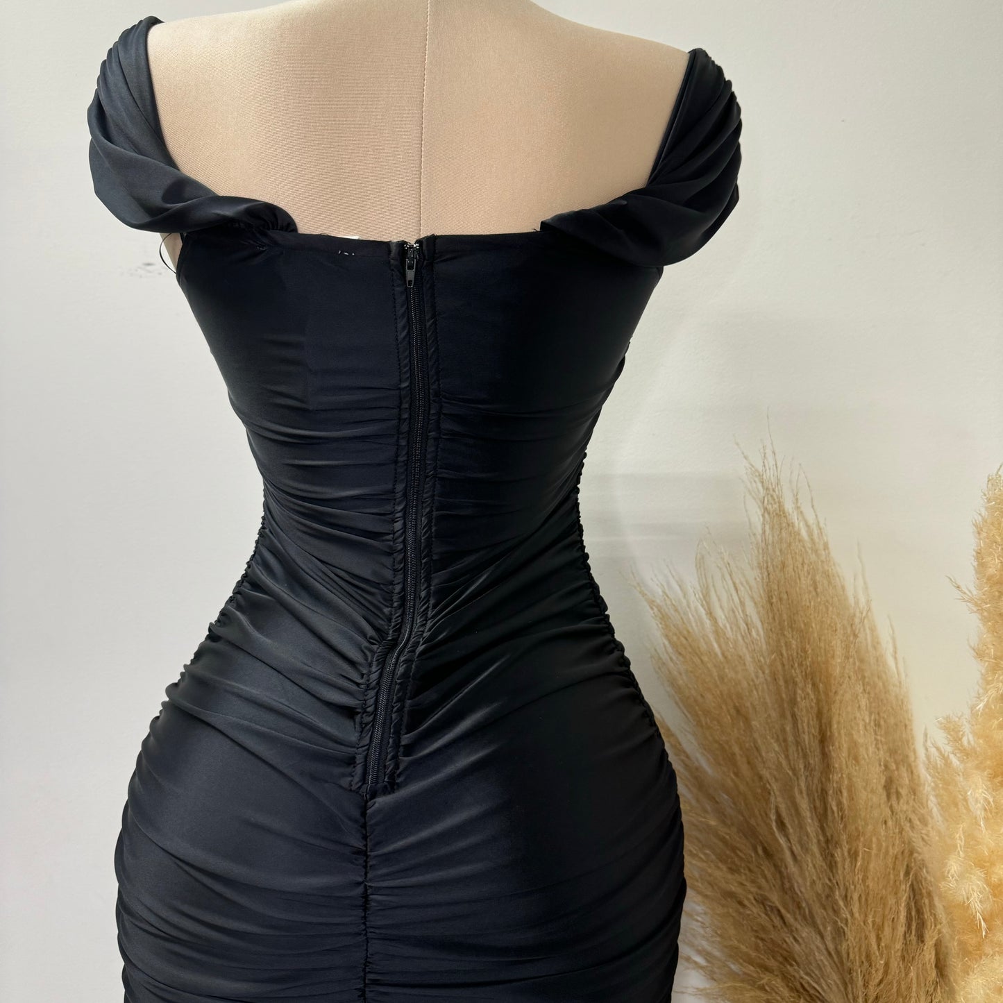 Lúxel Satin Off Shoulder MIDI Dress-Black