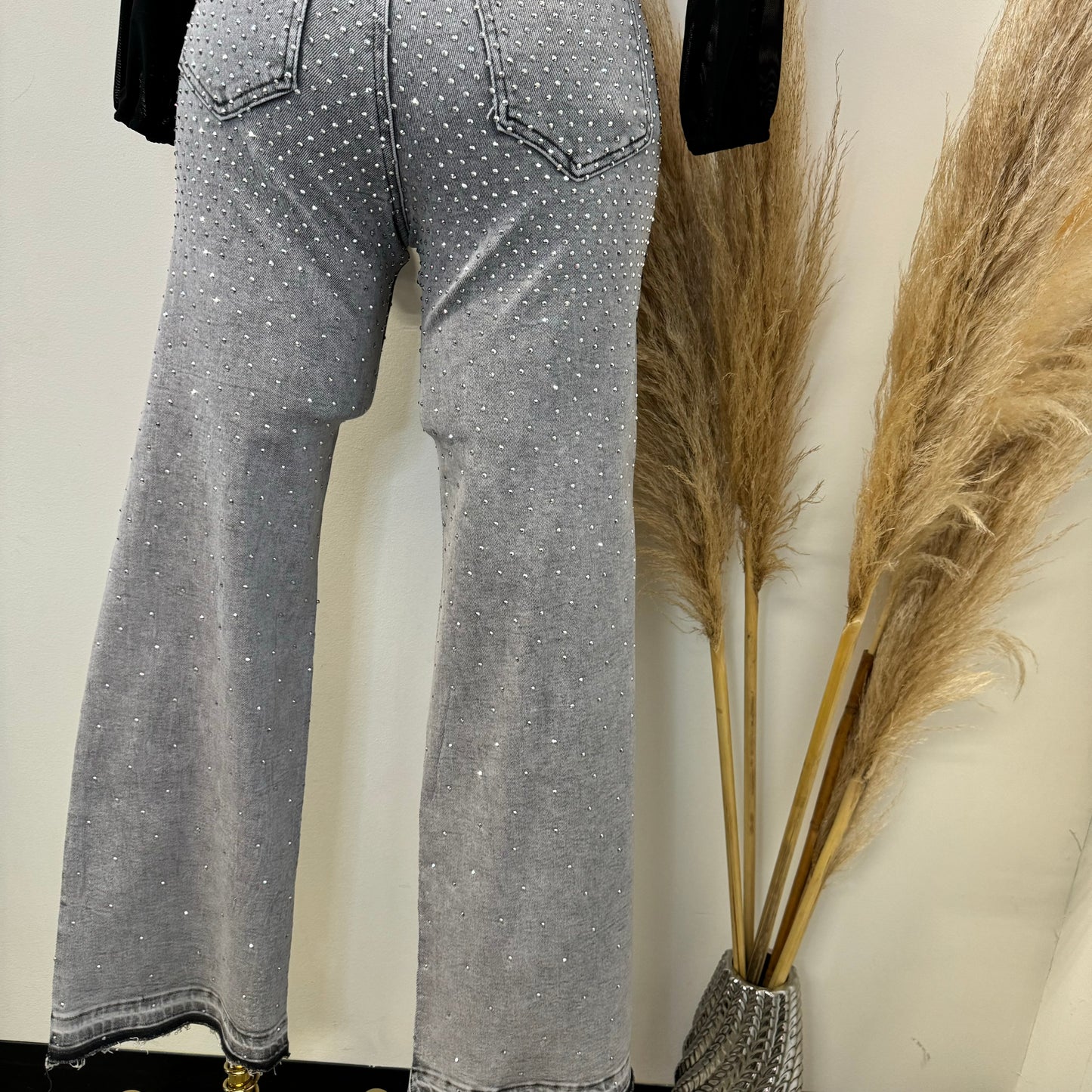 All Rhinestone Pants-Gray