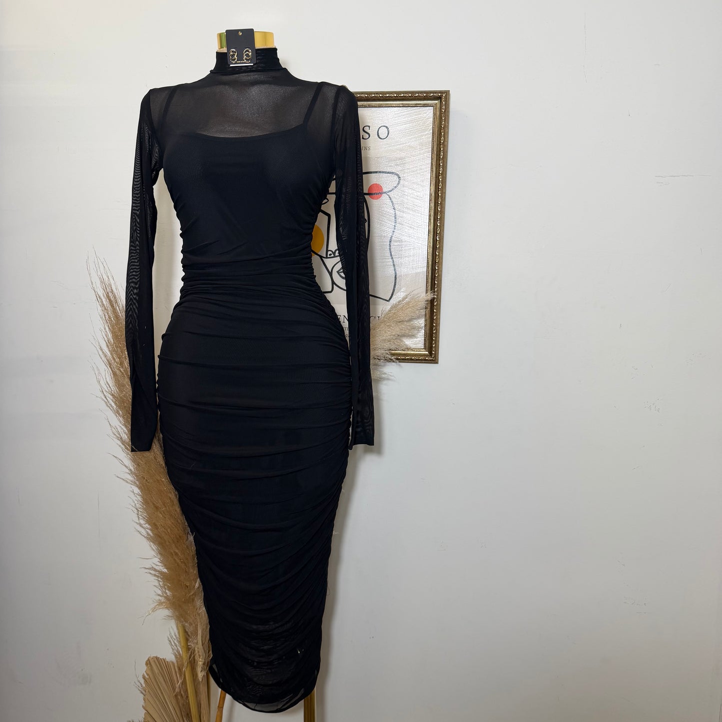 Solid Mesh Mock Neck Midi Long Sleeve Dress-Black