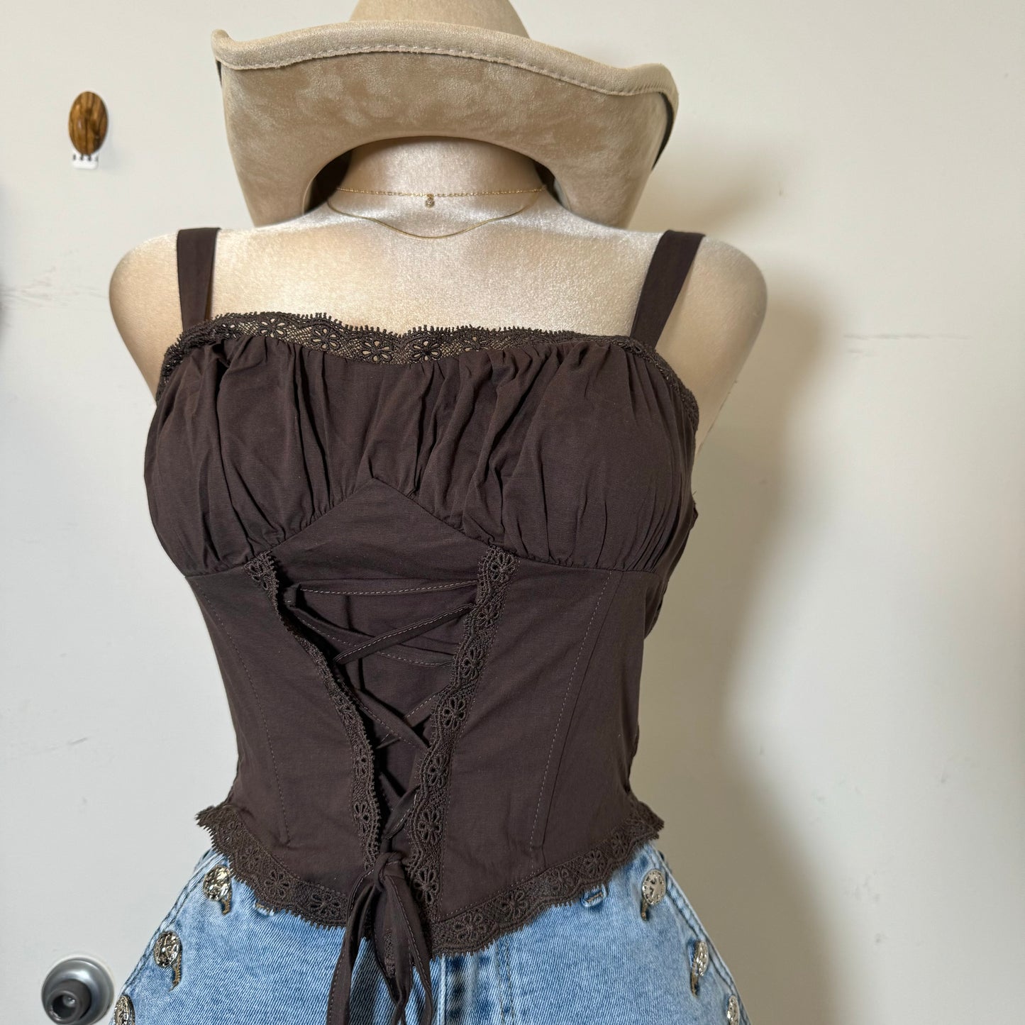 Bust Shirring with lace Detail Back smoked Top-Brown