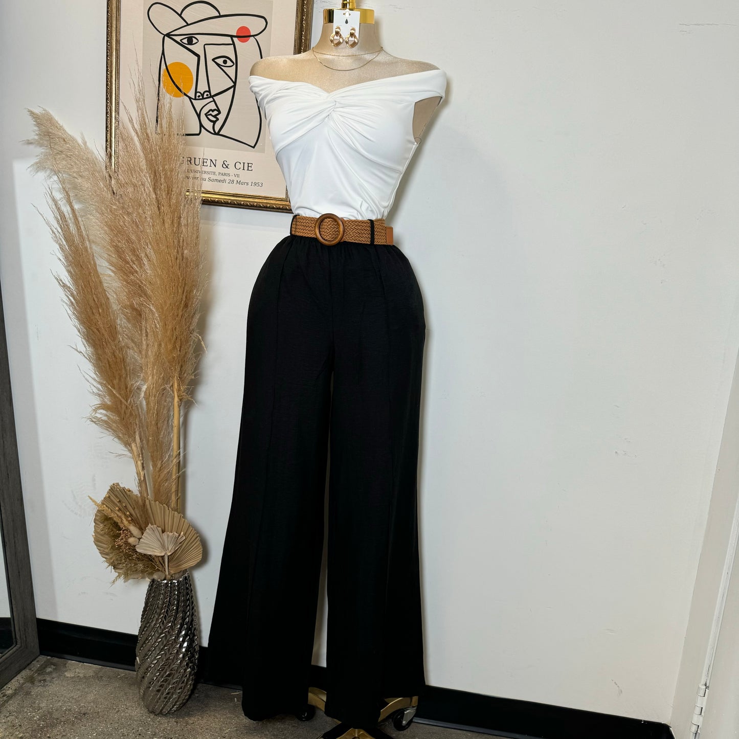 Linen Pleated Pants with woven Rattan belt-Black