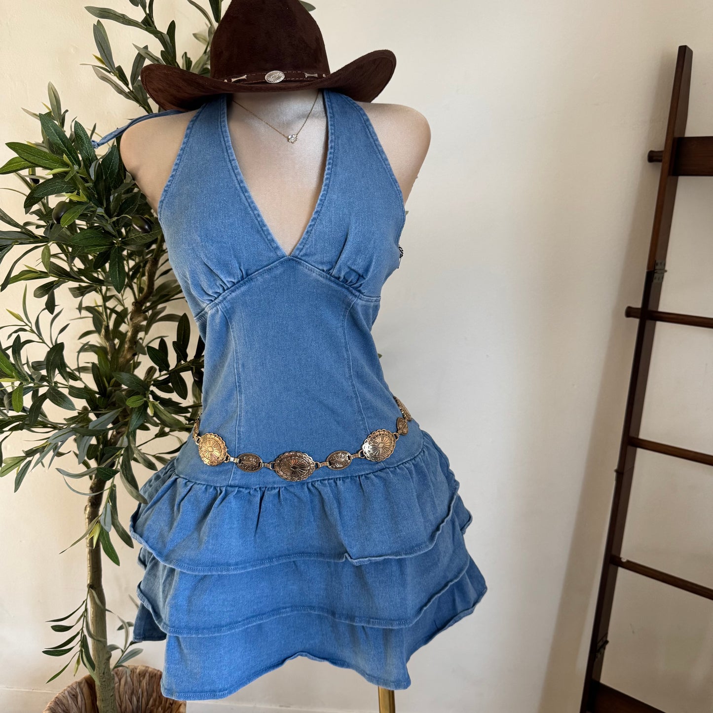 Halter Ruffle Denim Dress-Blue