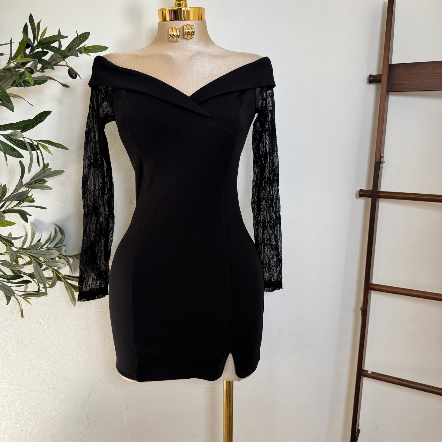 Nylon Ponte off Shoulder Long sleeve -Black