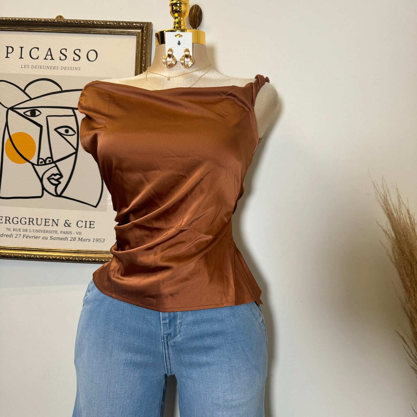 Asymmetrical Satin Top-Bronze