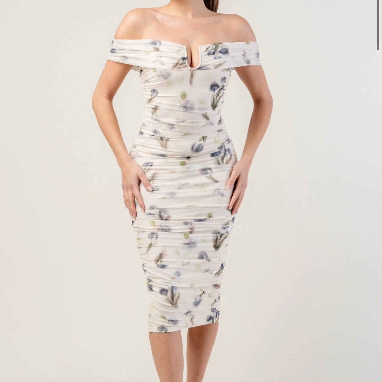 Spring Off shoulder Dress-Cream Multi