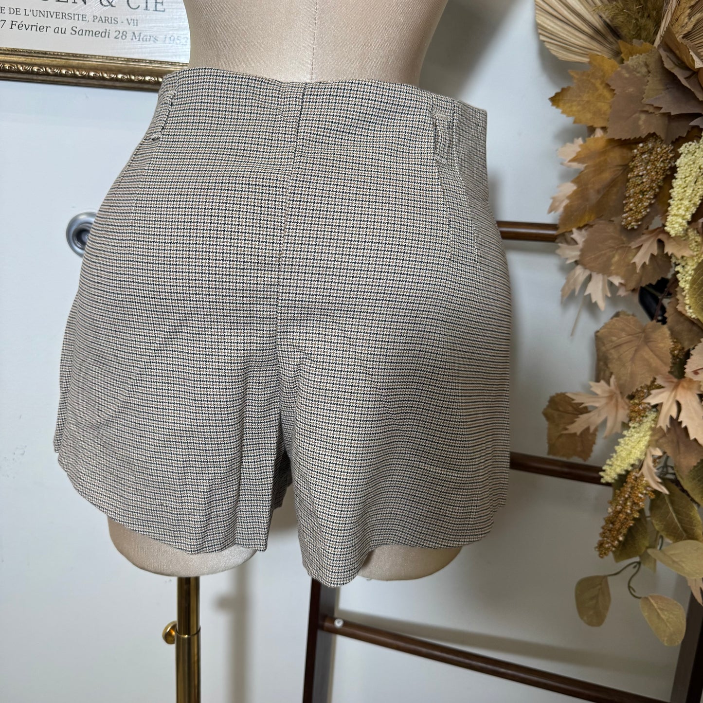 Checked High Waisted Shorts-Taupe