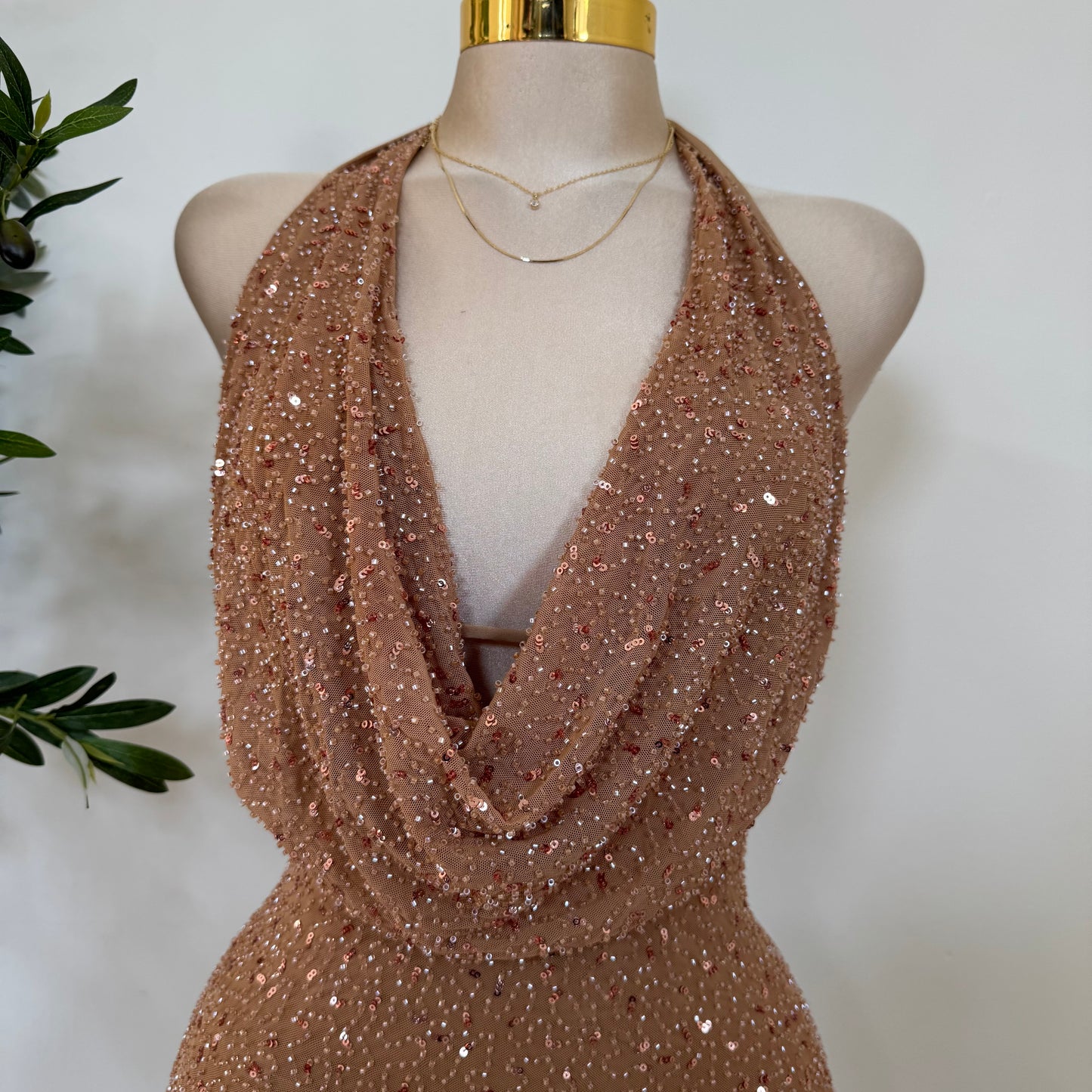 Cowl Sequins Dress-Mocha