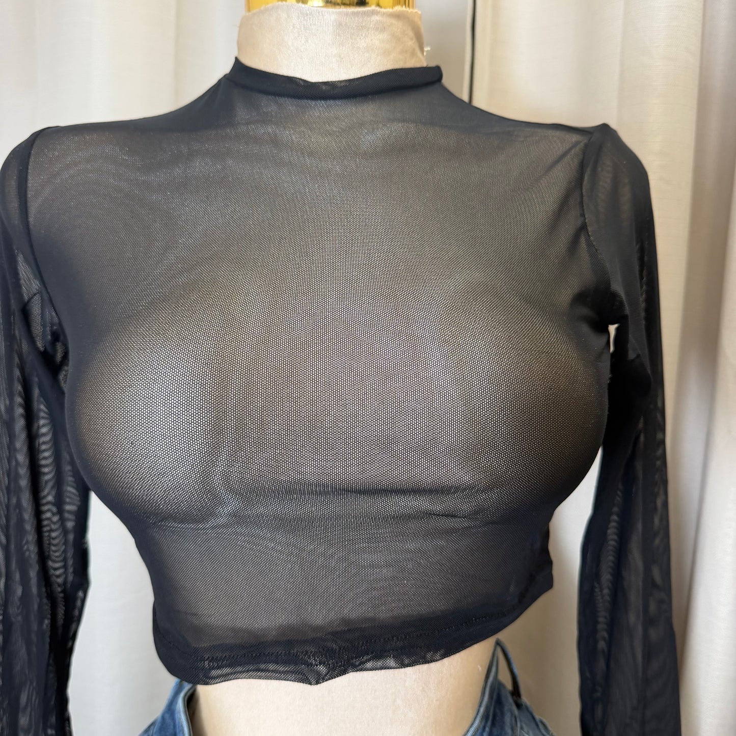 Mesh Long sleeve Crop Top-Black