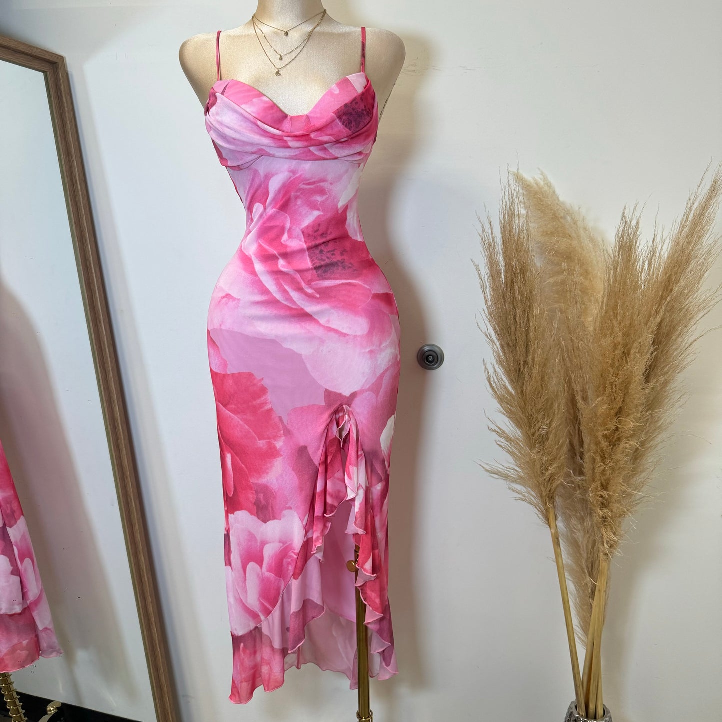 Zabrina Floral Ruffle Slit Mesh Dress-Pink