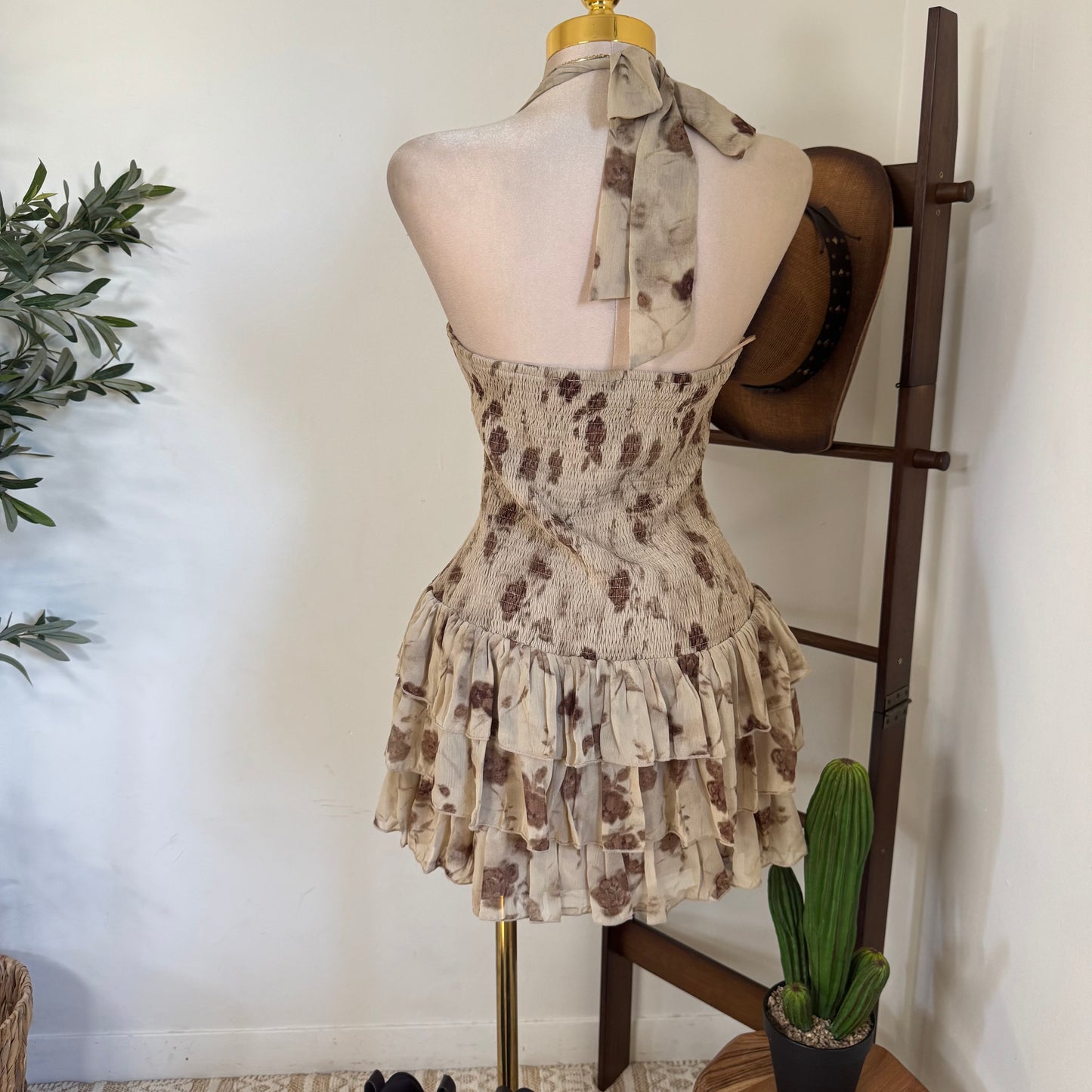 Halter eyelet inset ruffle Flare mini Corset Dress-Brown