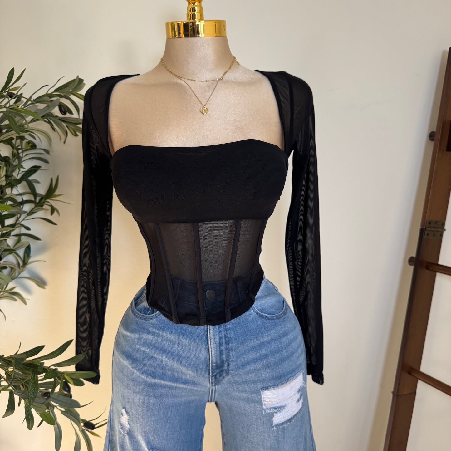 Mesh Long Sleeve Top-Black