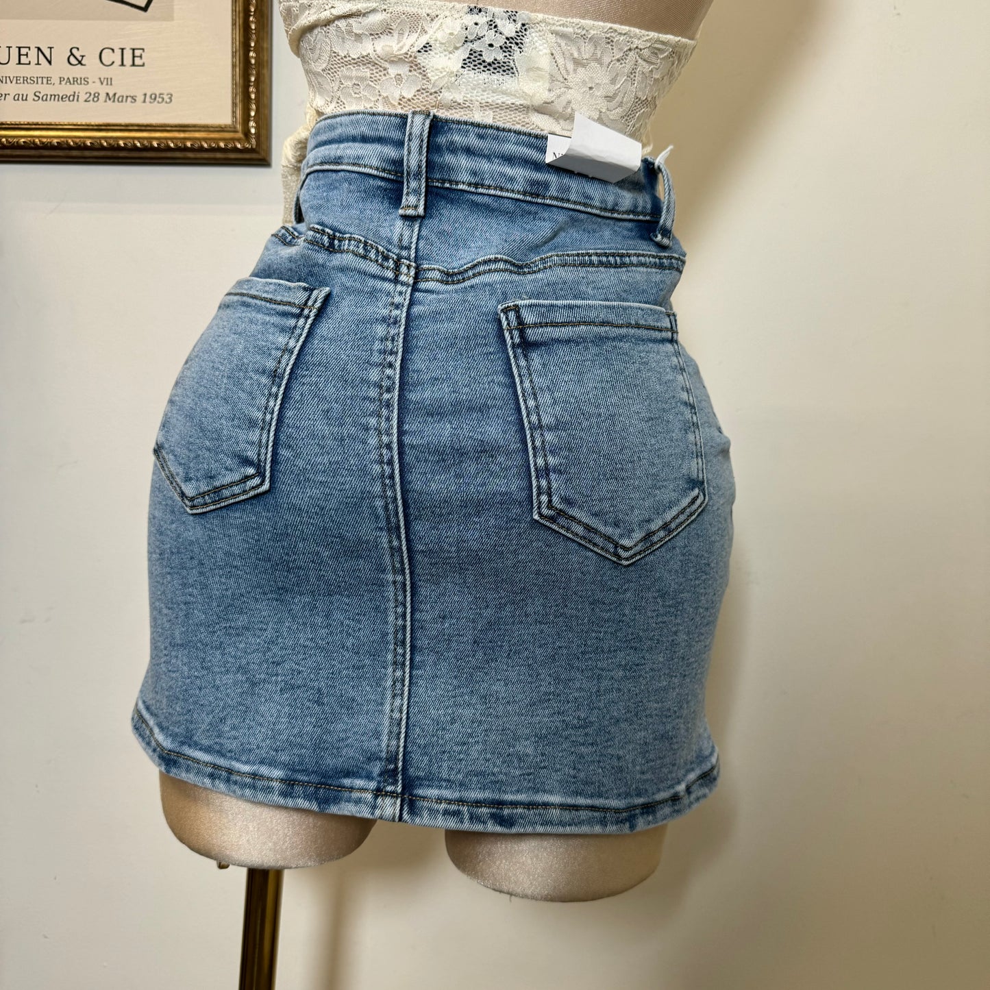 High Waisted Skirt Silver Button-LT Blue