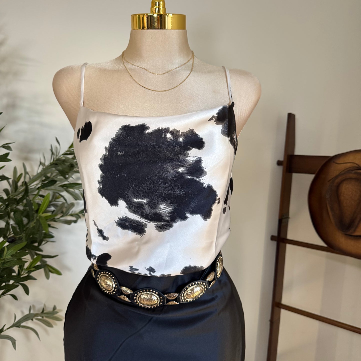 Satin Cow Print spaghetti Top-Black