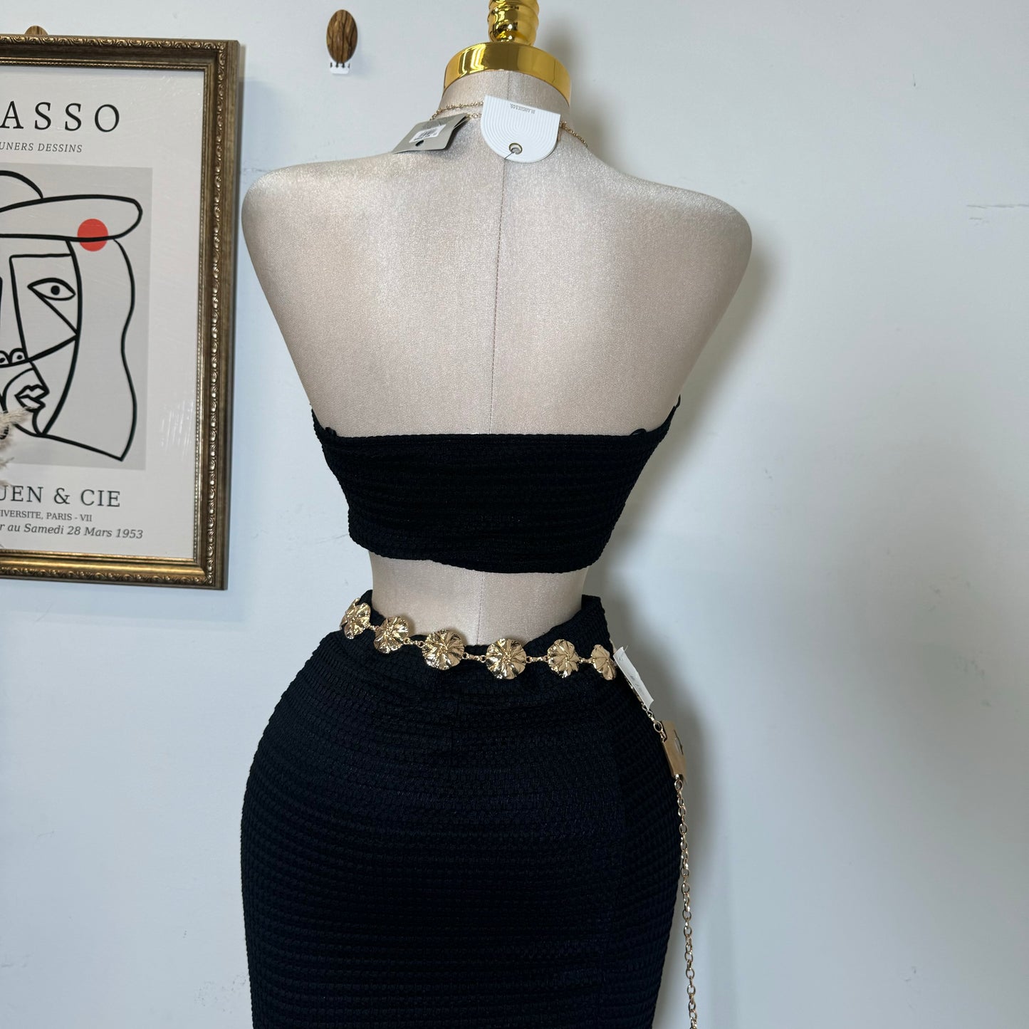 Fishnet Textured Knit Bow Tie Tube Top & Skirt Set-Black