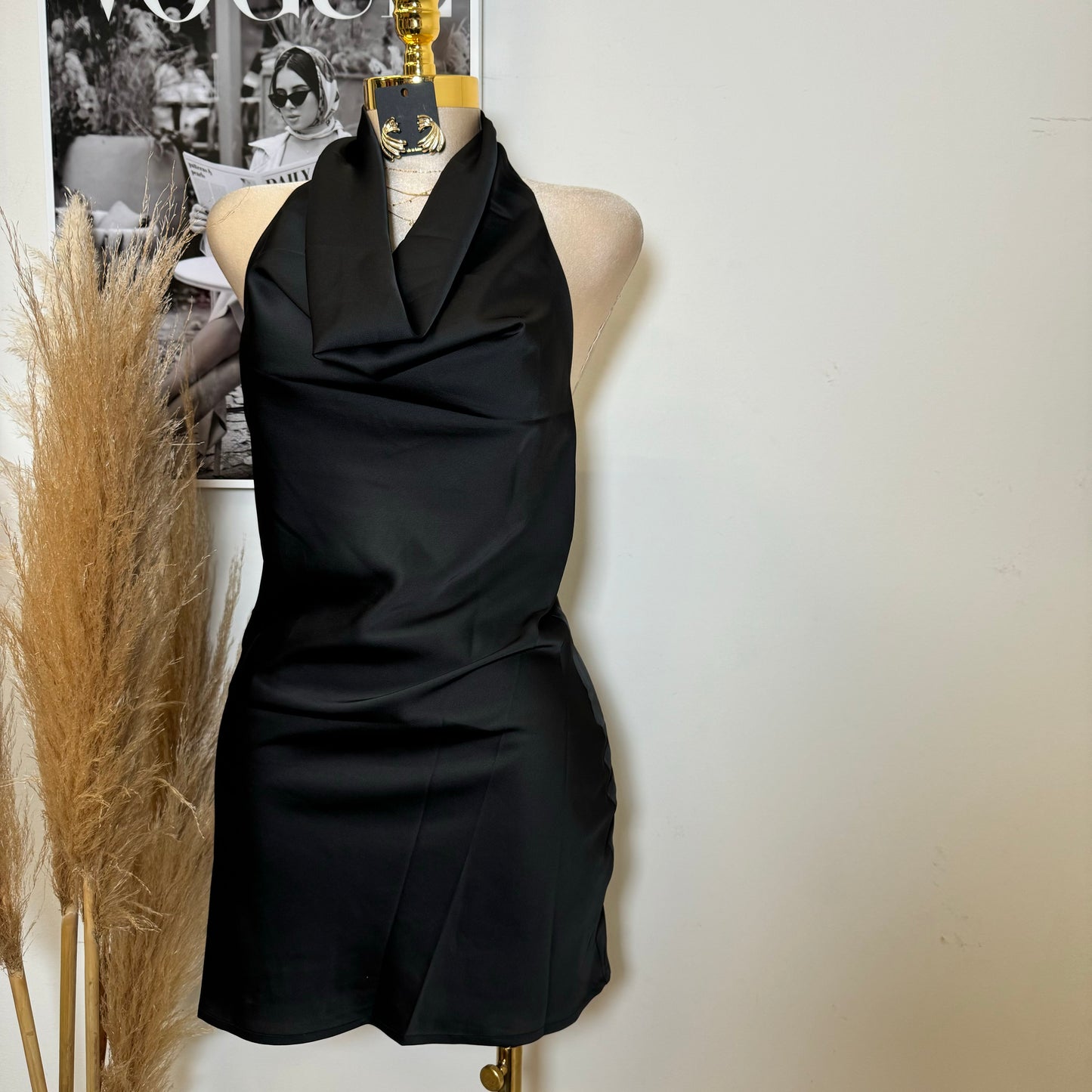 Santa Silky Halter Dress-Black