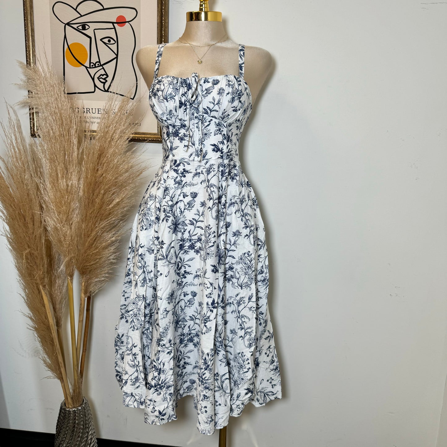 Picnic Corset Midi Dress-Blue/White