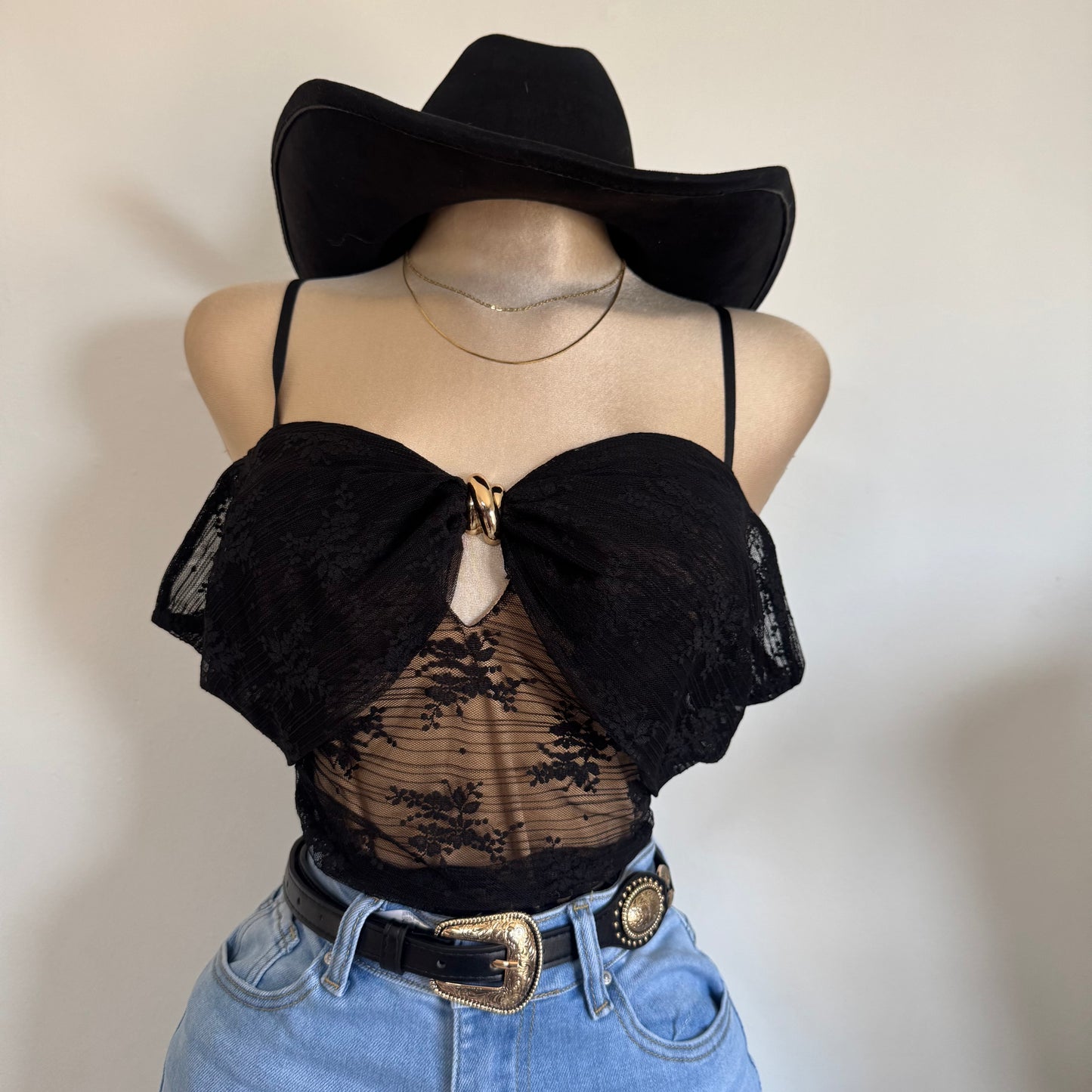 Lace Gold Trim Inset Off shoulder bodysuit-Black