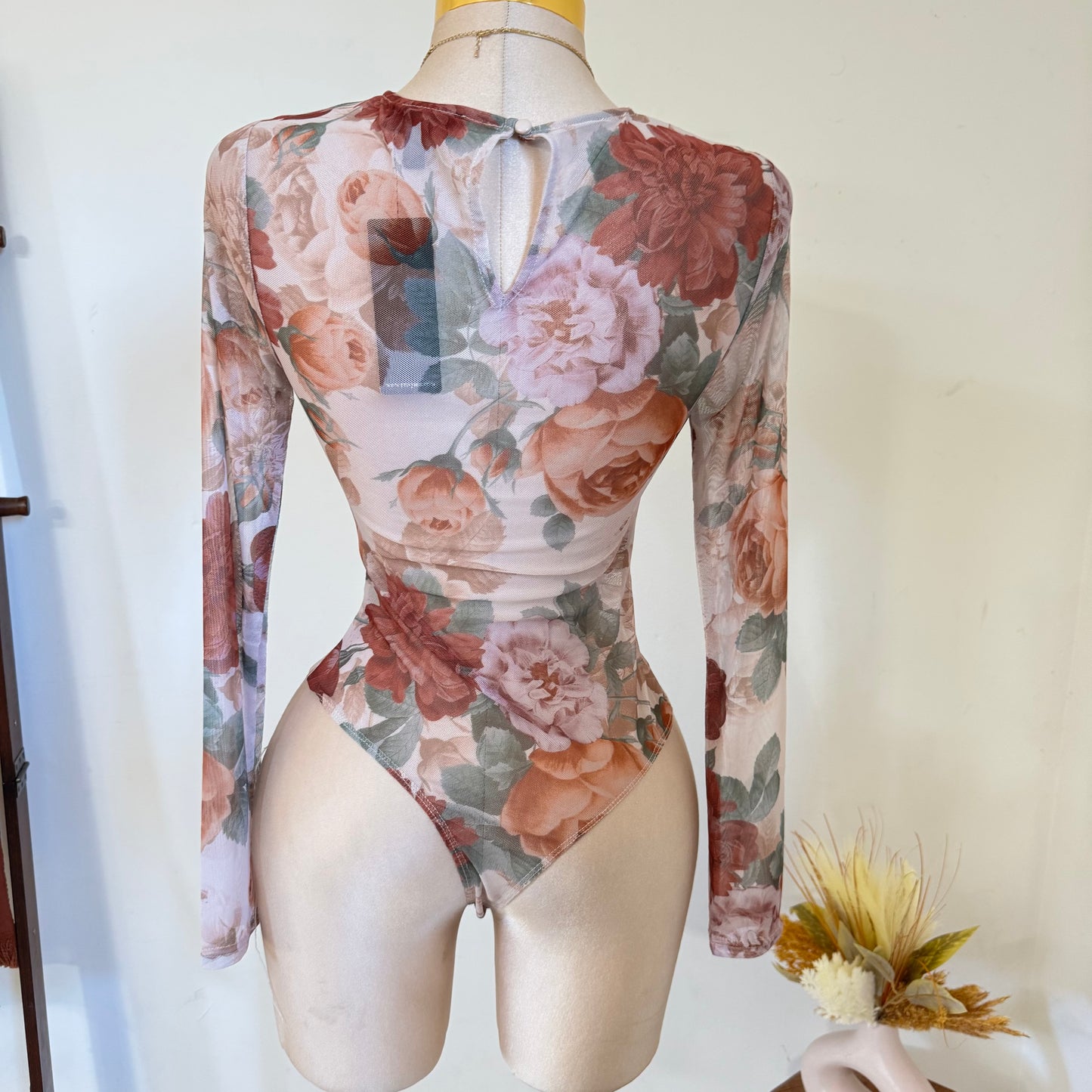 Round Neck Long Sleeve Bodysuit-Taupe