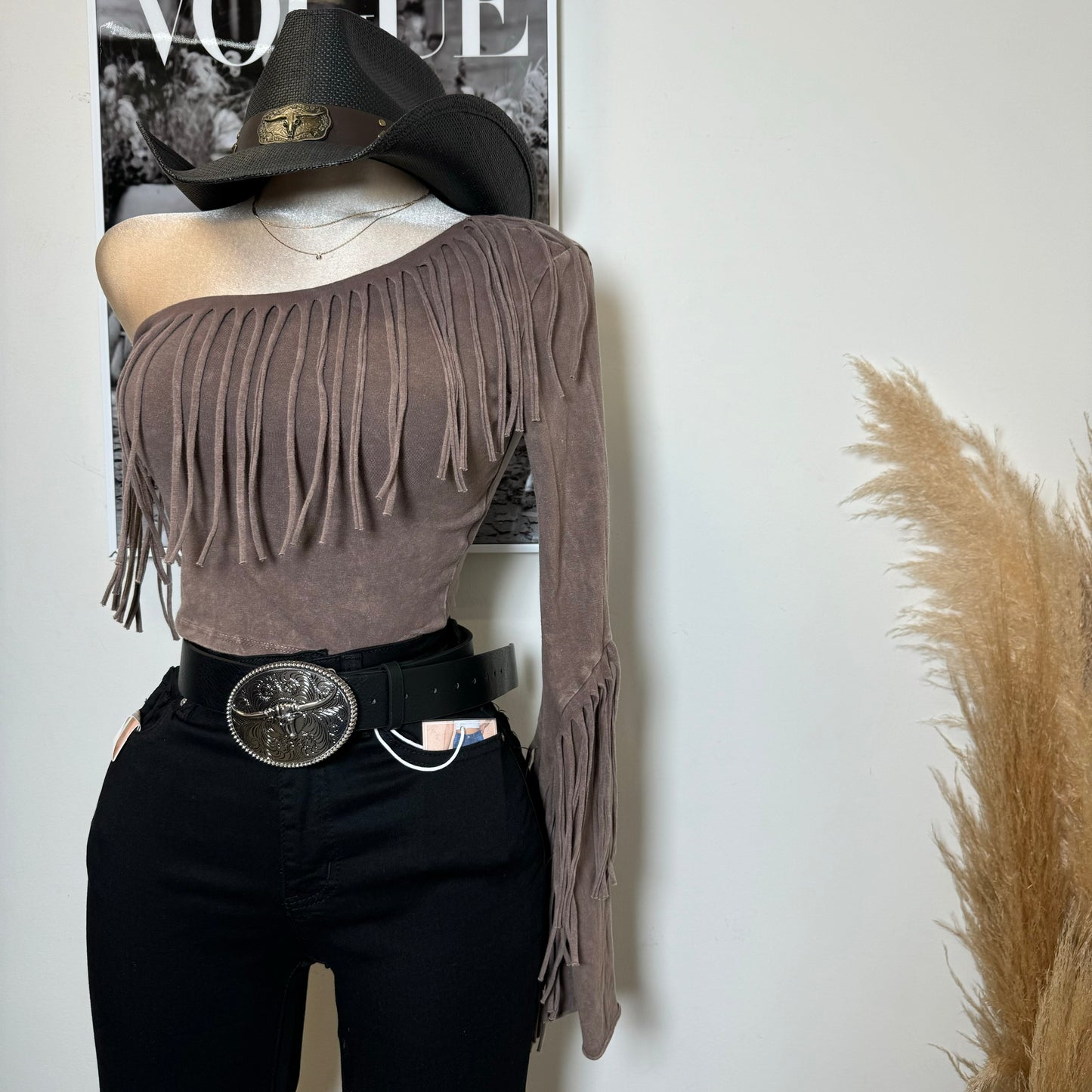 One Shoulder Fringe Top-Brown