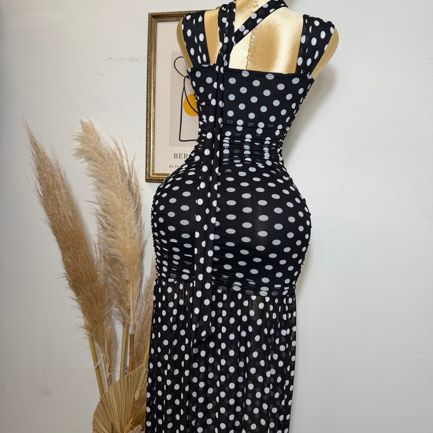Polka Dot Mesh Off Shoulder Maxi Dress-Black