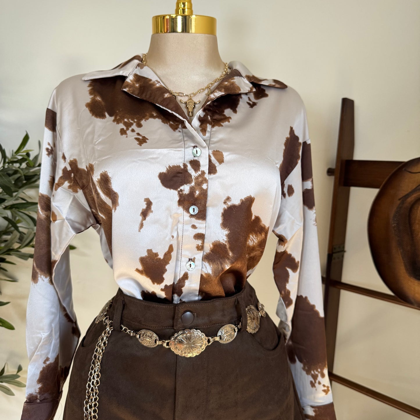 Cow Print Satin Button Down Long sleeve Shirt-Brown