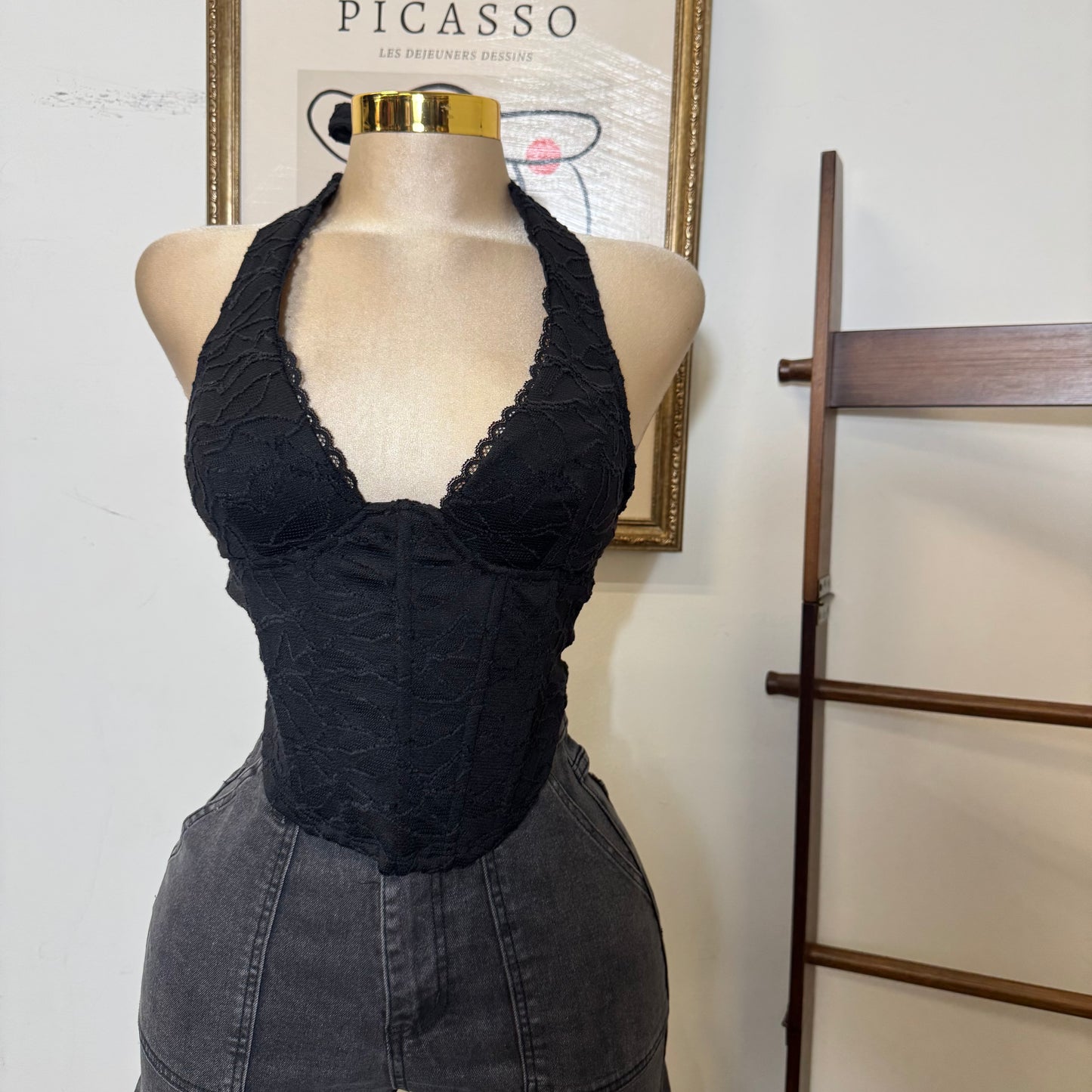 Textured Lace Halter Top-Black
