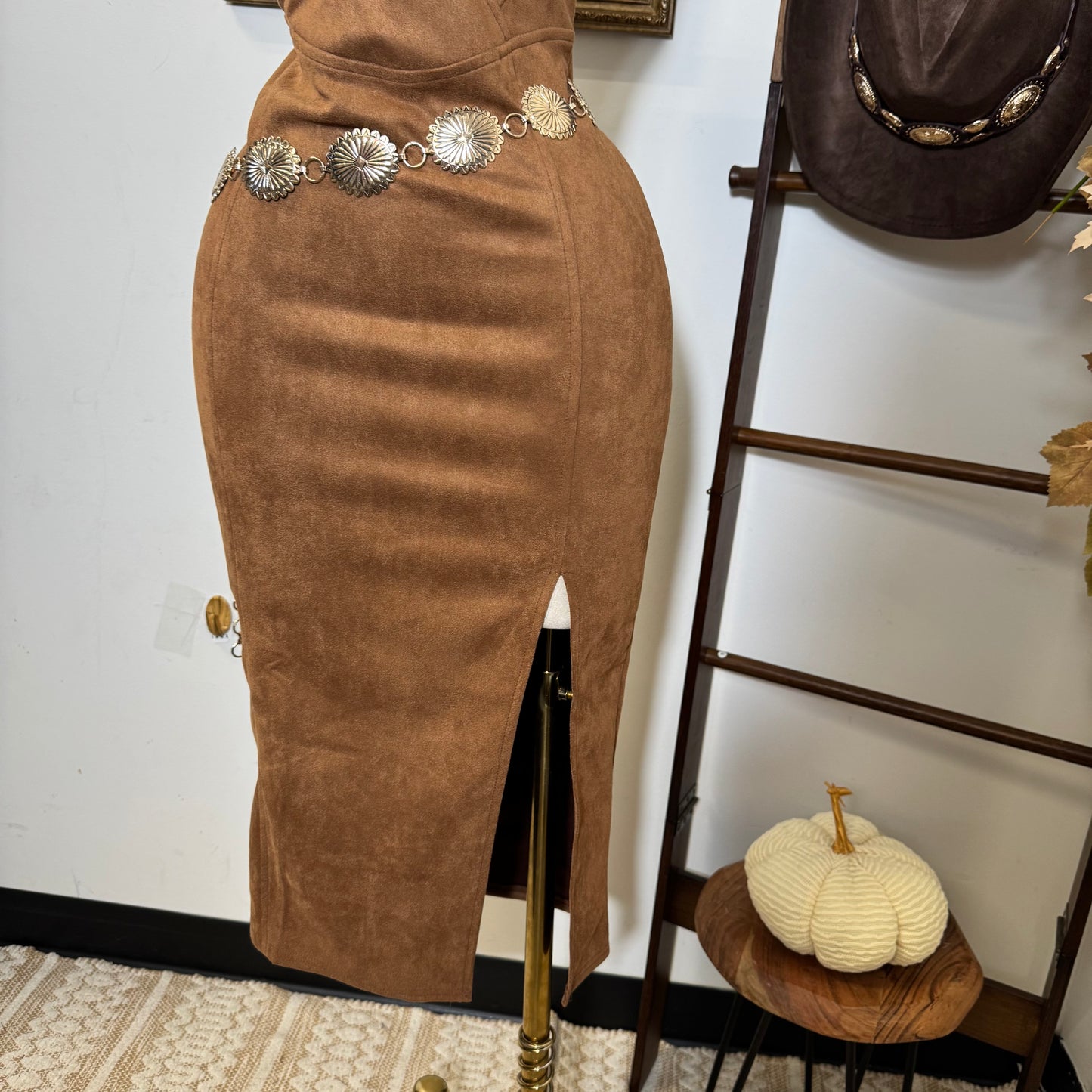 Halter Neck Front Slit Suede Midi Dress-Brown
