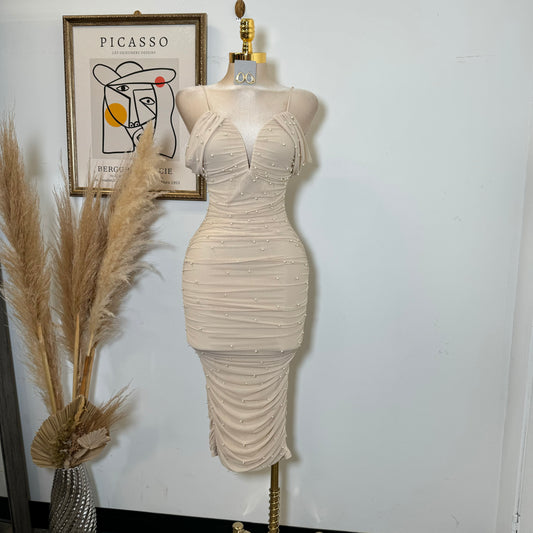 Aria Pearl Midi Dress- Beige
