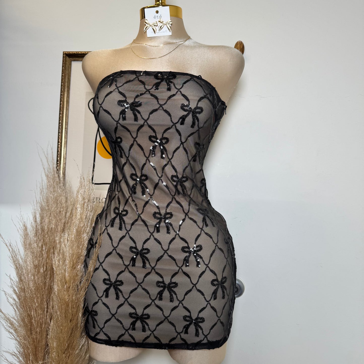 Bow Sequins Dress-Black