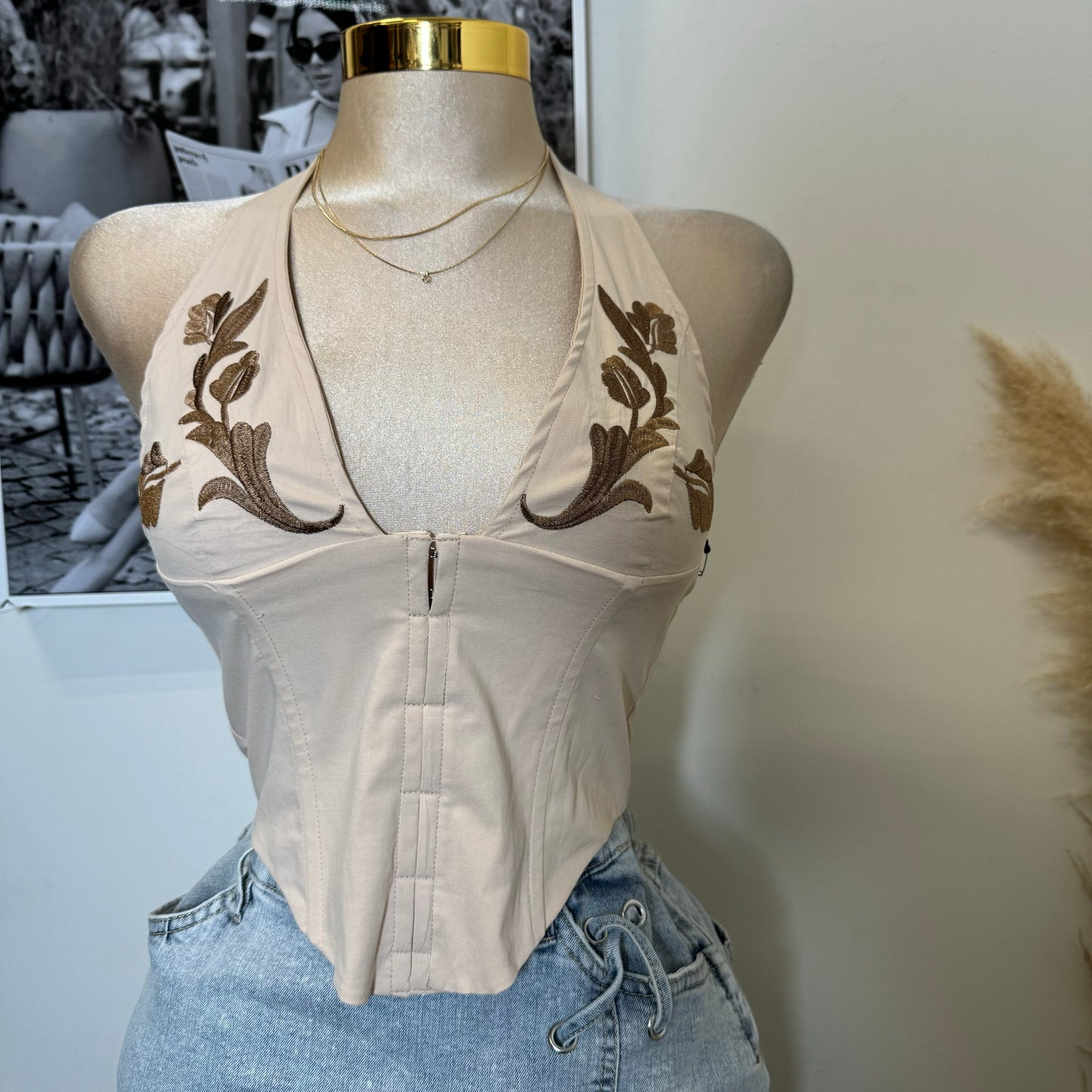 Maisie Western Embroidered Halter Top-Beige